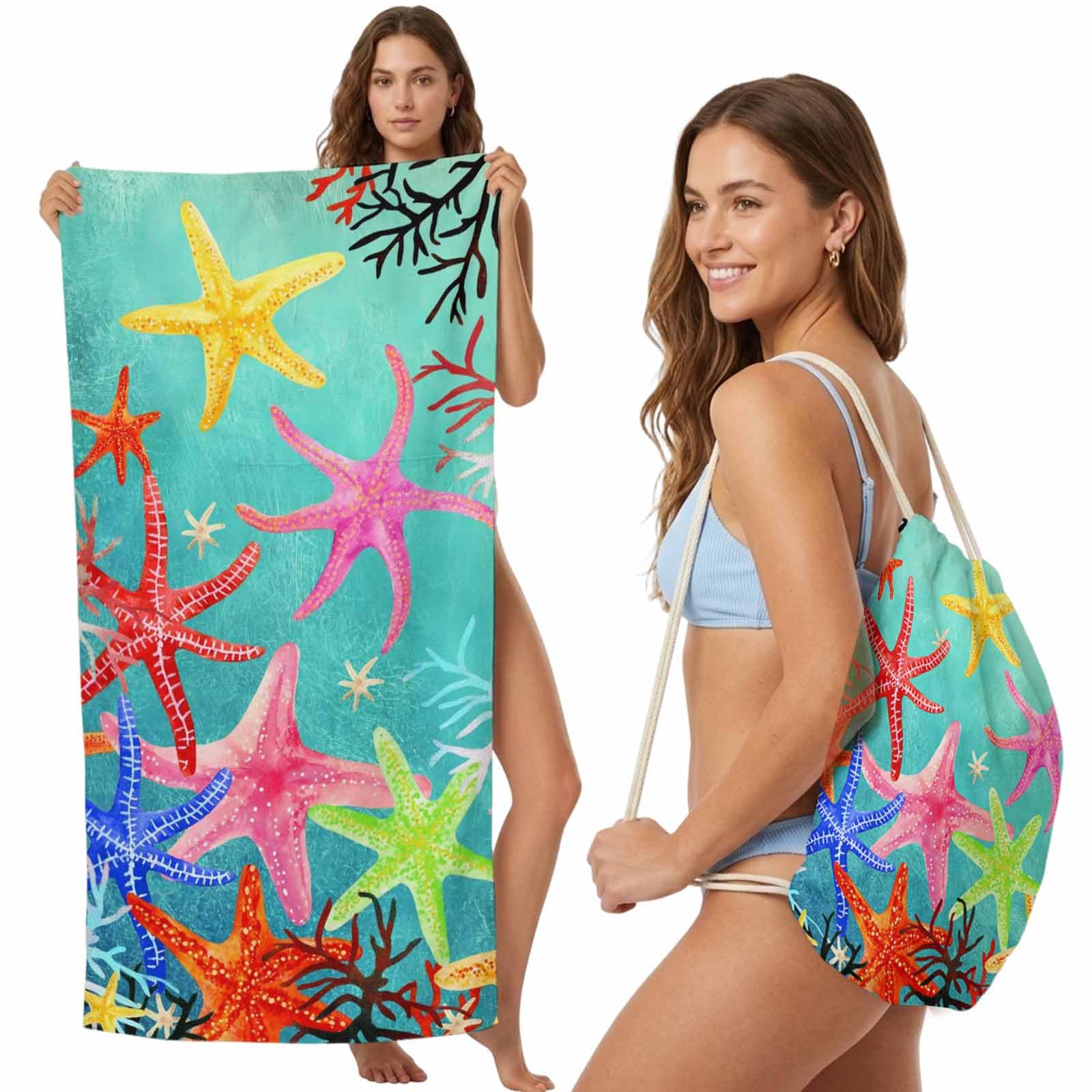 FWJZDSP Beach Towel Backpack, Summer Ocean Colorful Starfish 2-in-1 Foldable Soft Microfiber Quick Dry Beach Towel 31.5x63in Seaside Abstract Coral Lightweight Pool Towels Bag for Travel, Yoga, Gym