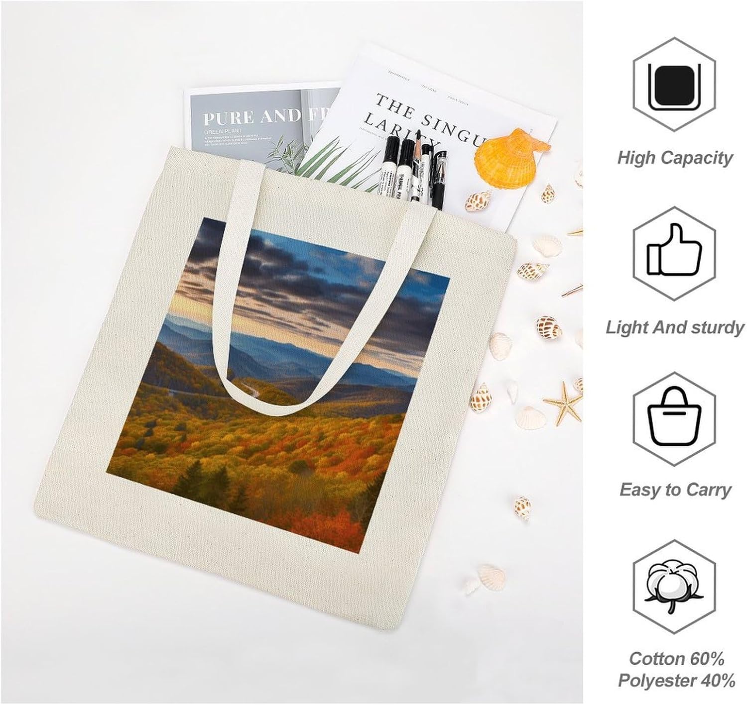Blue Ridge Parkway Mountains Cotton Polyester Blend Canvas Carryall Bag | Blue Ridge Parkway Mountains Reusable Fabric Handbag for Grocery Travel Daily Errands Multipurpose Storage Carry Tote