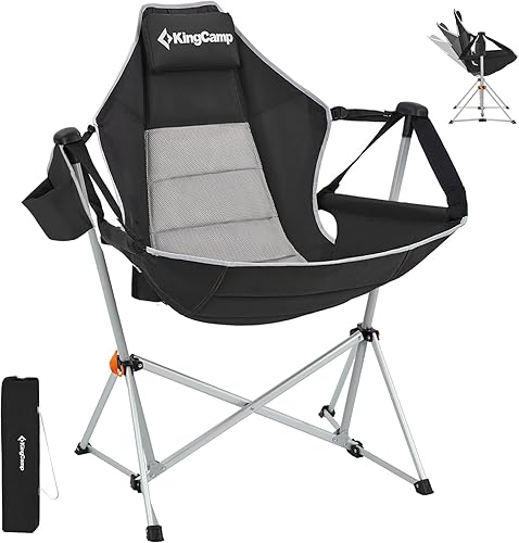 KingCamp Hamaca, silla de camping, mecedora oscilante para adultos, césped, playa, silla plegable portátil con soporte trasero ajustable, soporte