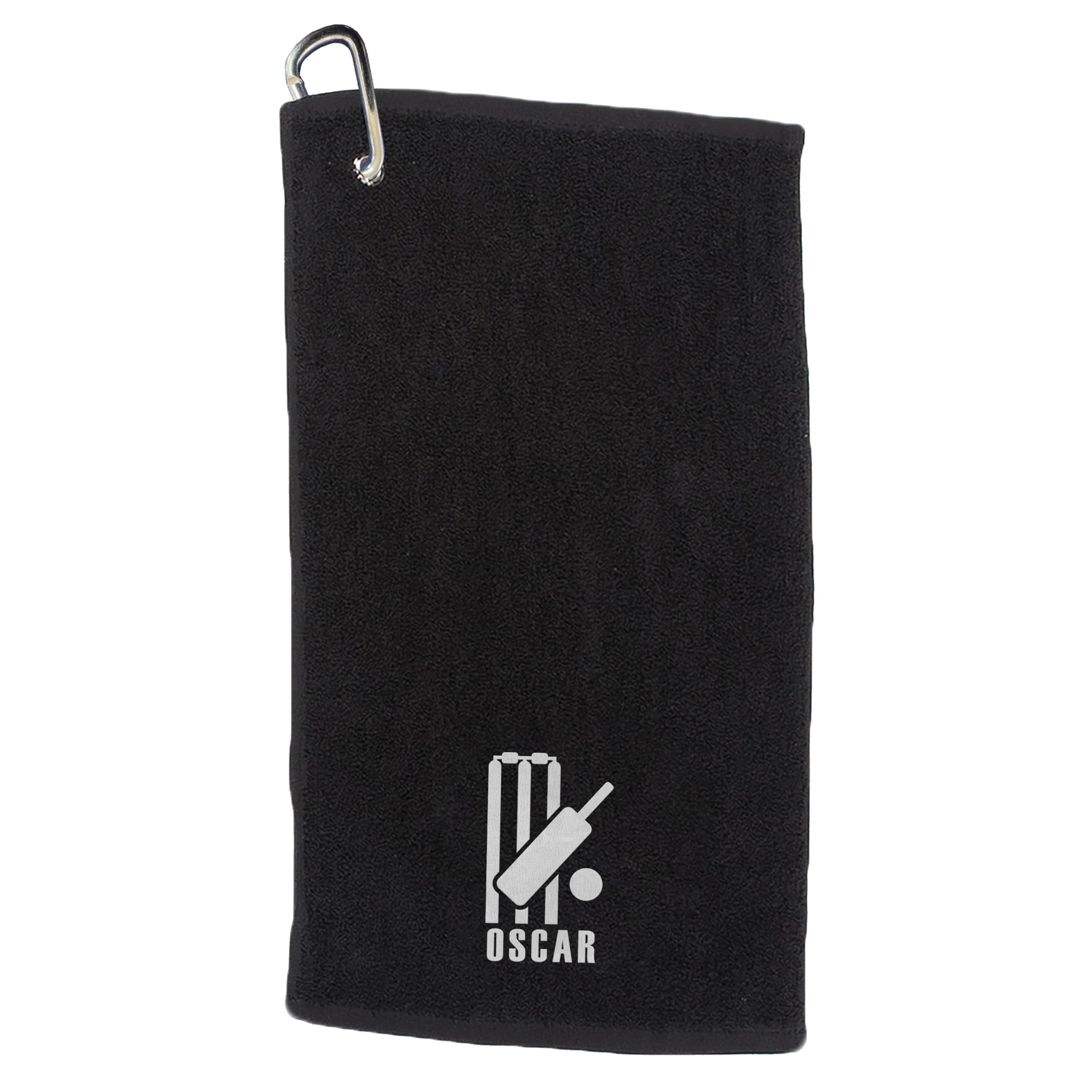 Varsany Personalised Black Cricket Towel - Custom Cricket Design with Name, Compact Sports Accessory with Clip