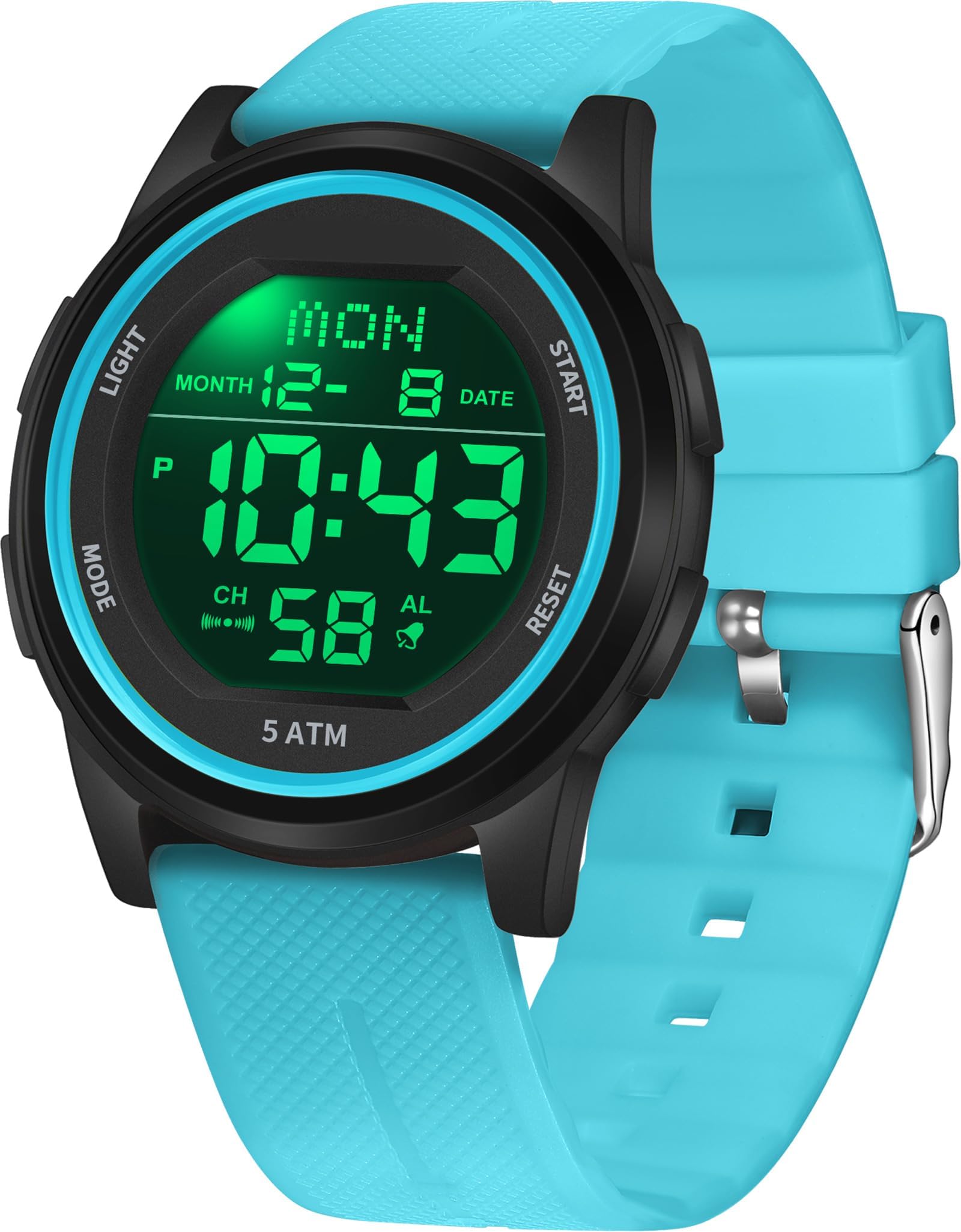 Findtime Orologio Digitale Unisex 5 ATM - Sveglia, Cronometro, Conto Alla Rovescia, Retroilluminazione LED, Cinturino In Silicone, 44 Mm - 2