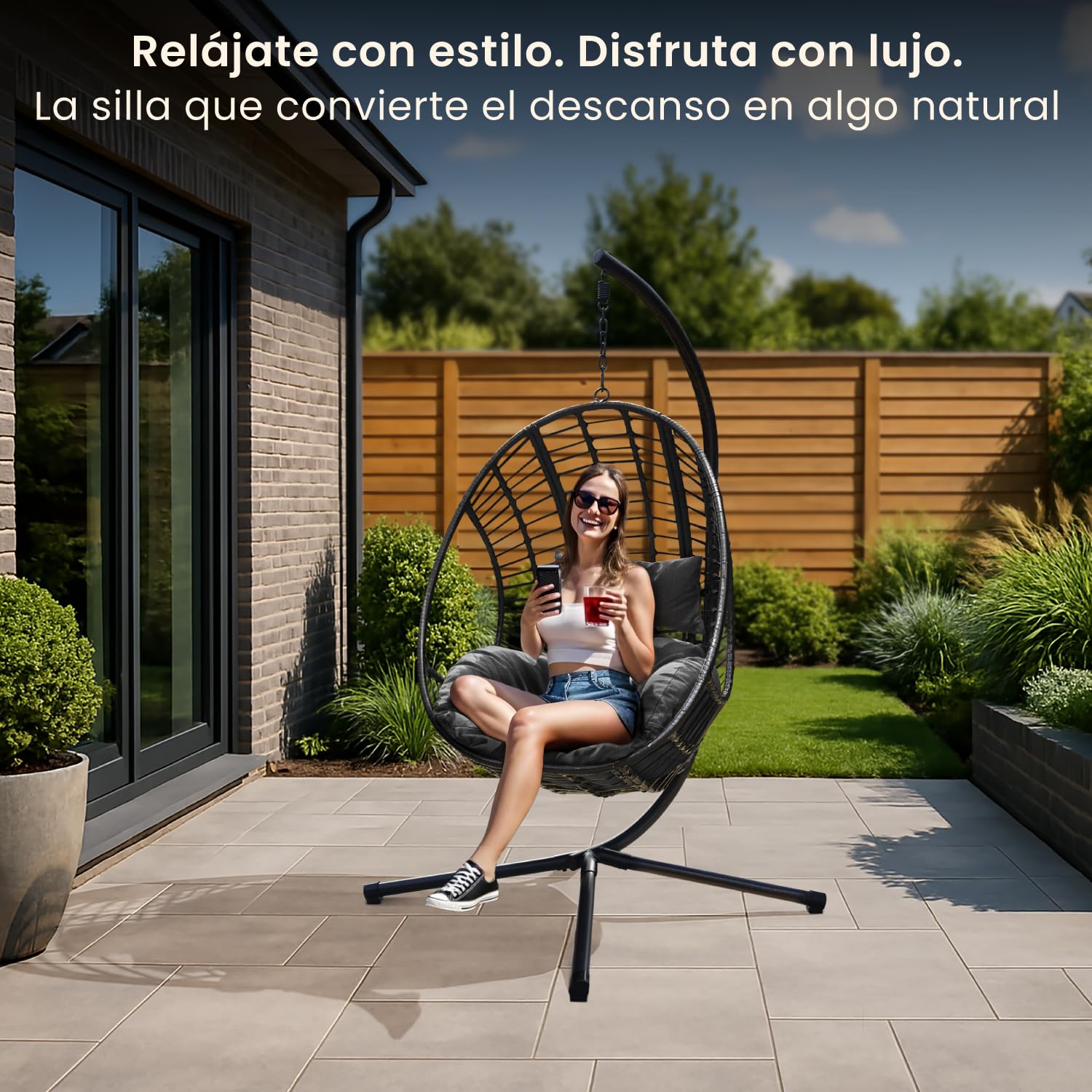 Swoods XXL Silla Colgante de Jardín - para Interior y Exterior - Silla Colgante con Base - Incluye Cojines - Resistente a la Intemperie - Carga máxima 150 kg