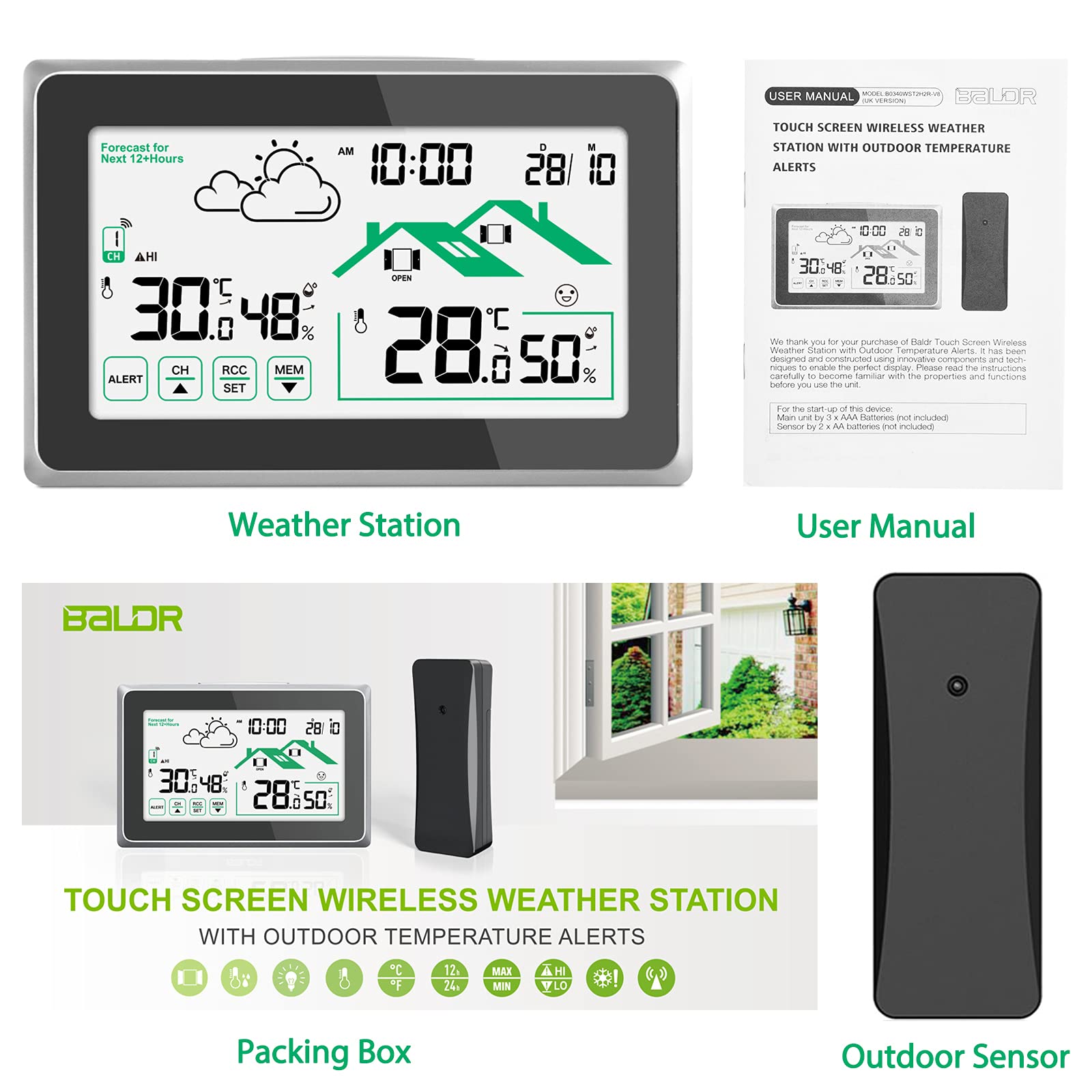 Stazione Meteo con Sensore Esterno, Termometro Digitale Igrometro per Interni ed Esterni, Schermo LCD con Retroilluminazione 12/24 ore Previsioni Meteo Automatiche per Ufficio Casa Camera da Letto