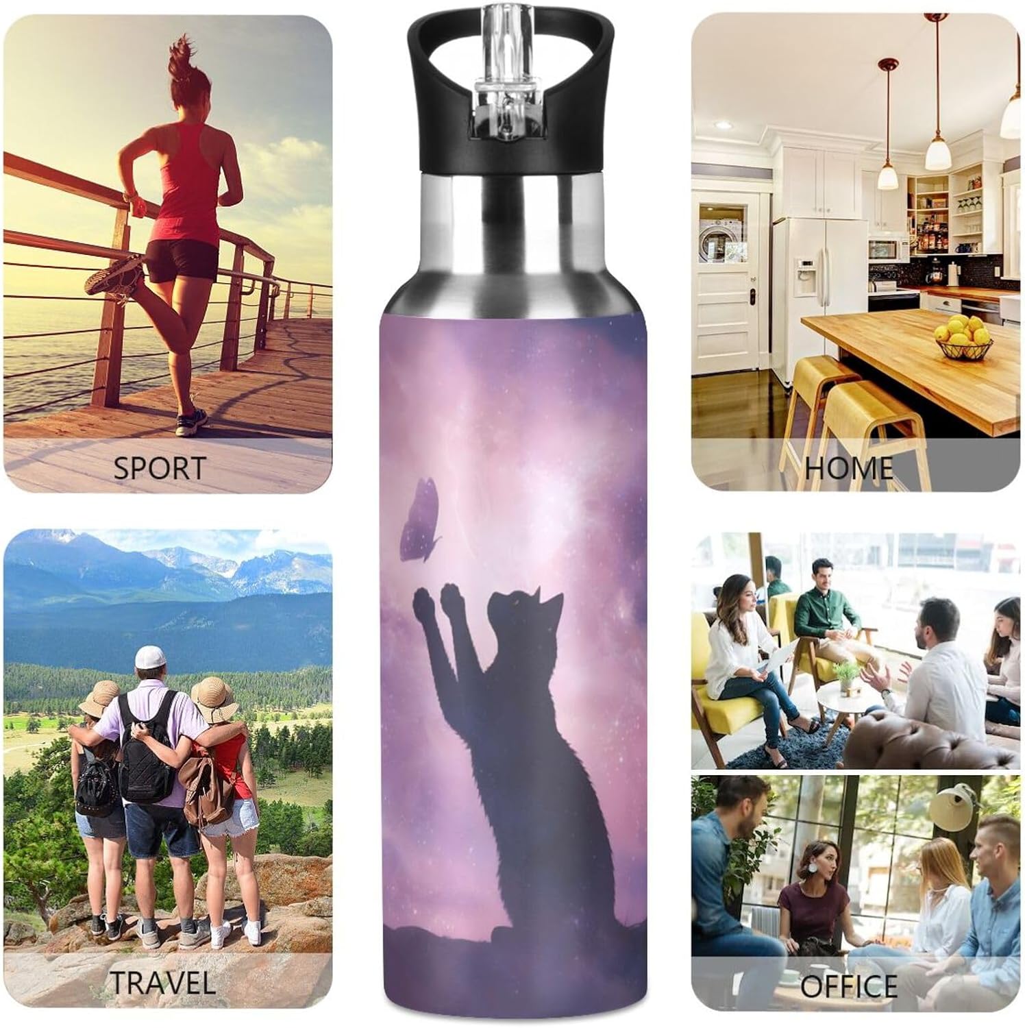 Cat Water Bottle for Kids Cat Stainless Steel Water Bottle with Straw Lid Cats Theme Purple Galaxy Flask Leakproof for Sport Gym Outdoor 20 oz