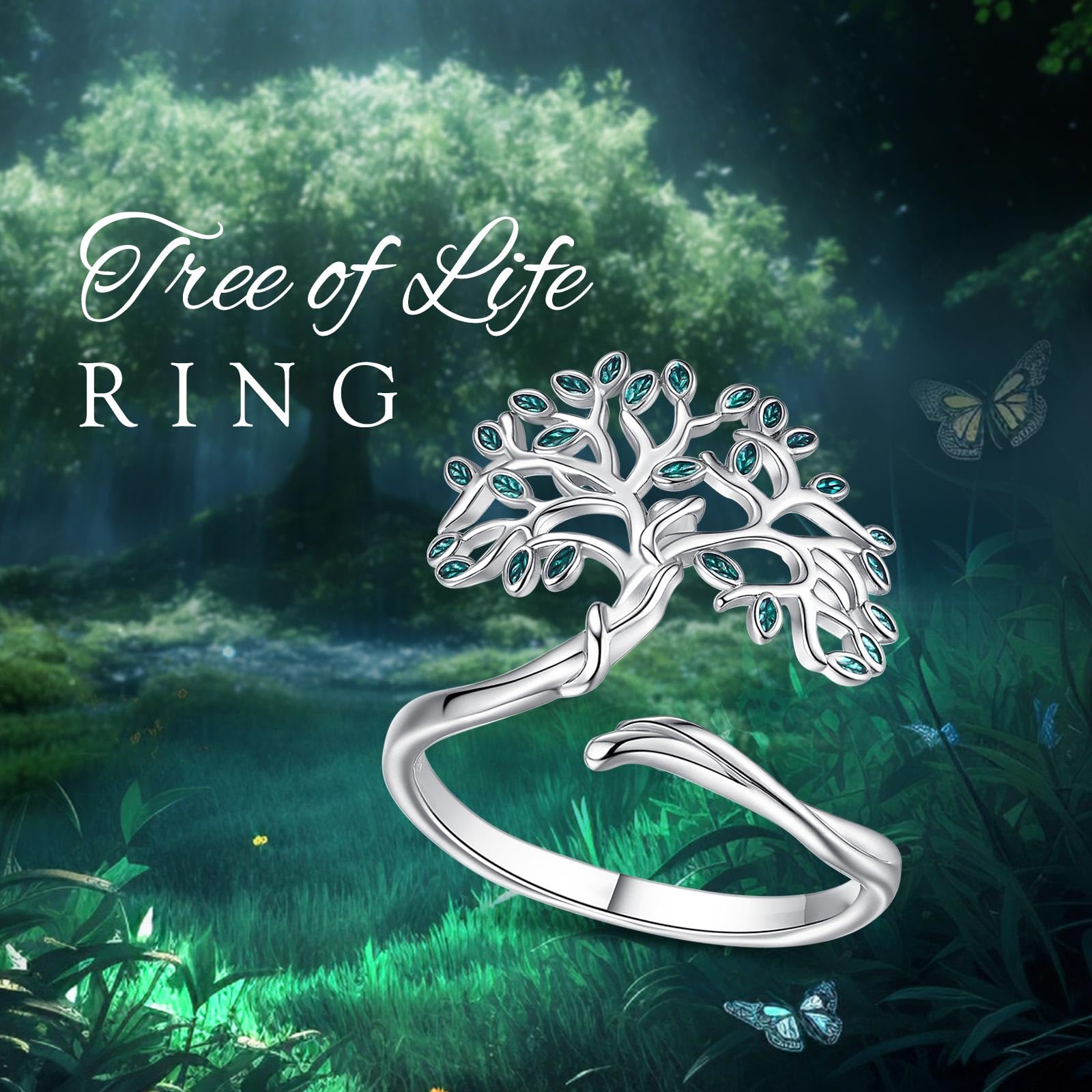 AEONSLOVE Anillo Piedra Lunar Ajustable Plata de Ley 925 para Mujer Niña, Anillo Abiertos Arbol de la Vida/Claddagh/Abrazo/Pluma, Anillos Nudo de Bruja/Hojas Triple Luna Hécate