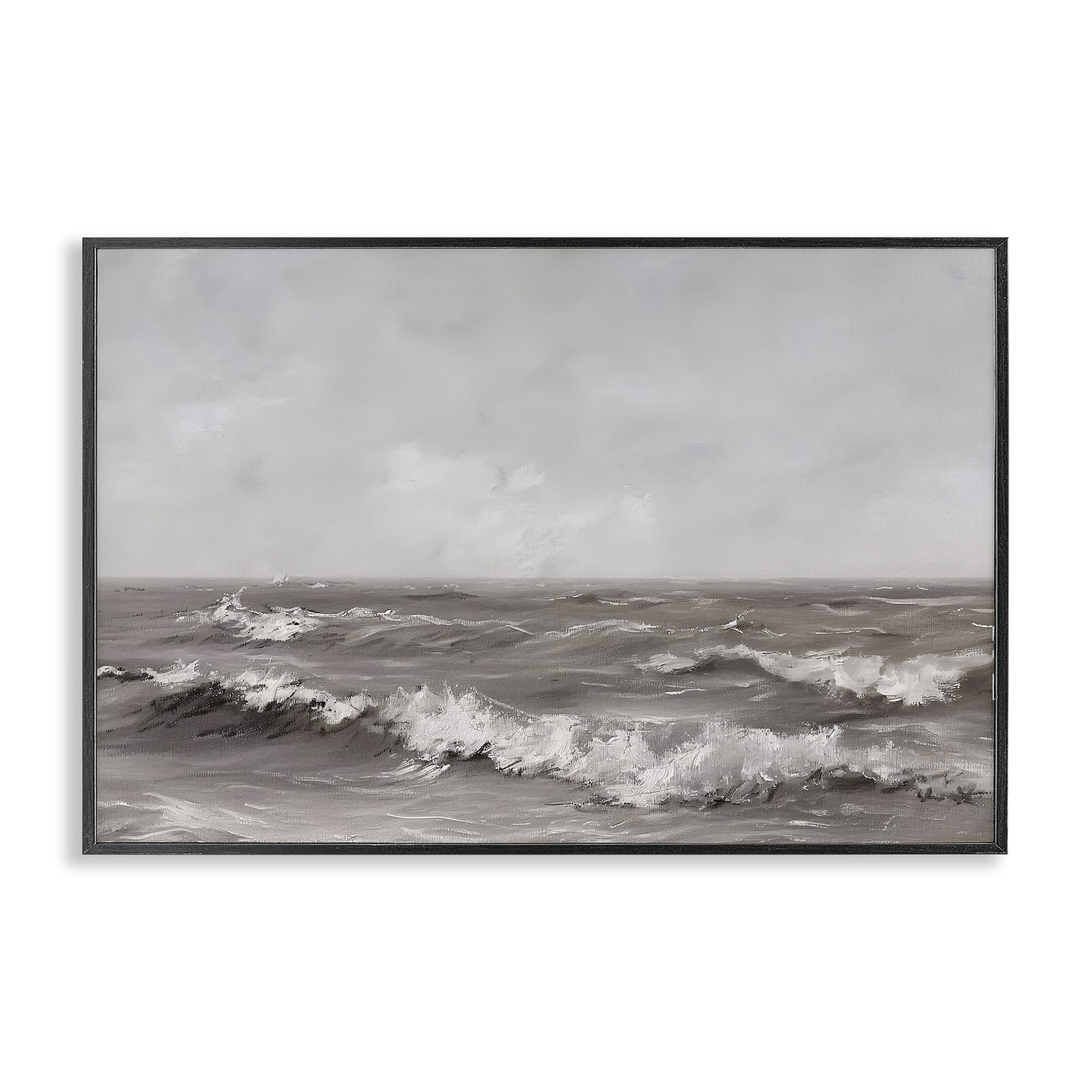 Stupell Industries Midnight Black (Textured) Monochrome Sea Ripples Coastal, 20 X 30 Inch Framed Giclée Print