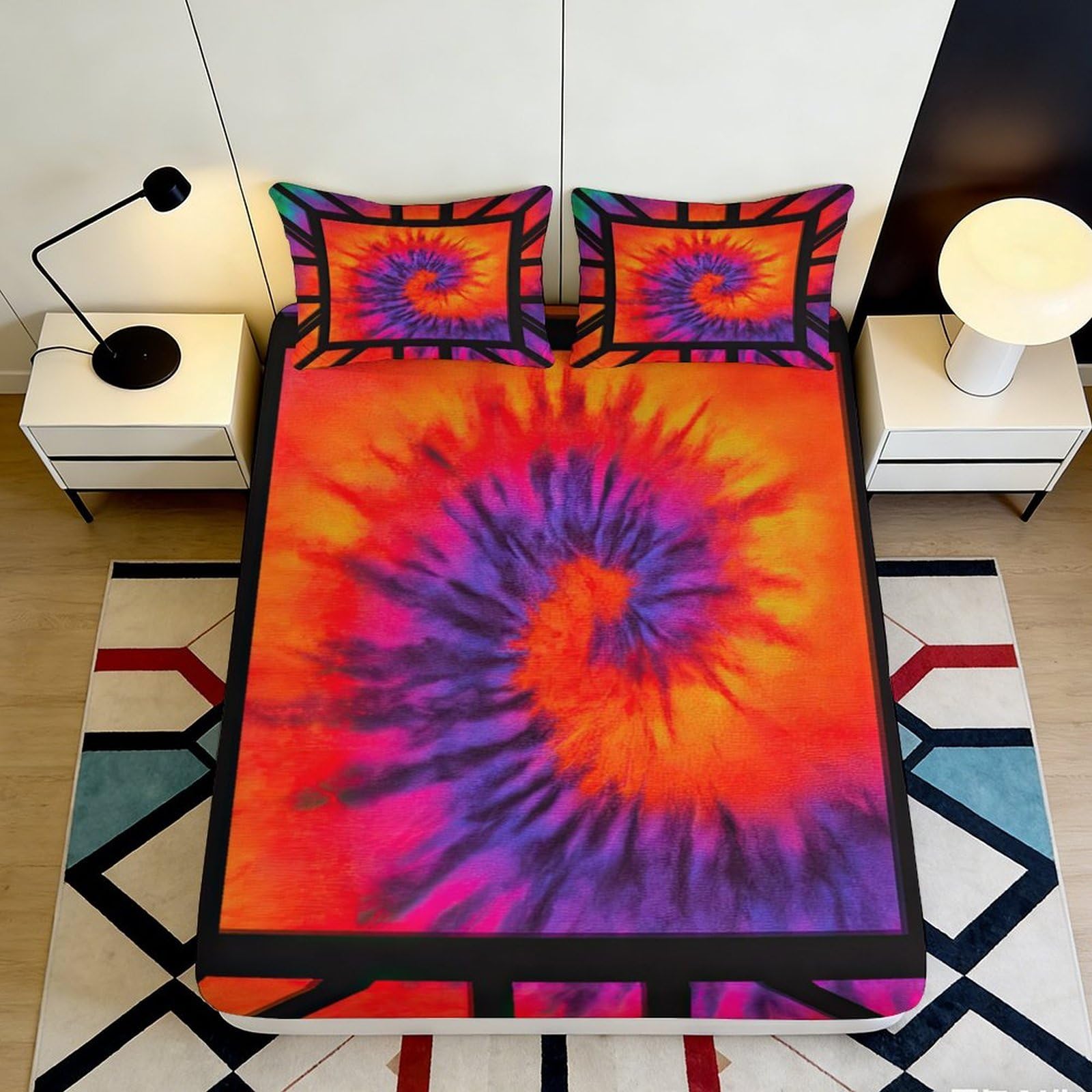 3D Printed Tie-Dye Spiral Fitted Sheet Microfiber Soft Durable Vibrant Swirl Bed Cover for Bedroom Dormitory Guest Room Mattress Protection 180x200x25cm