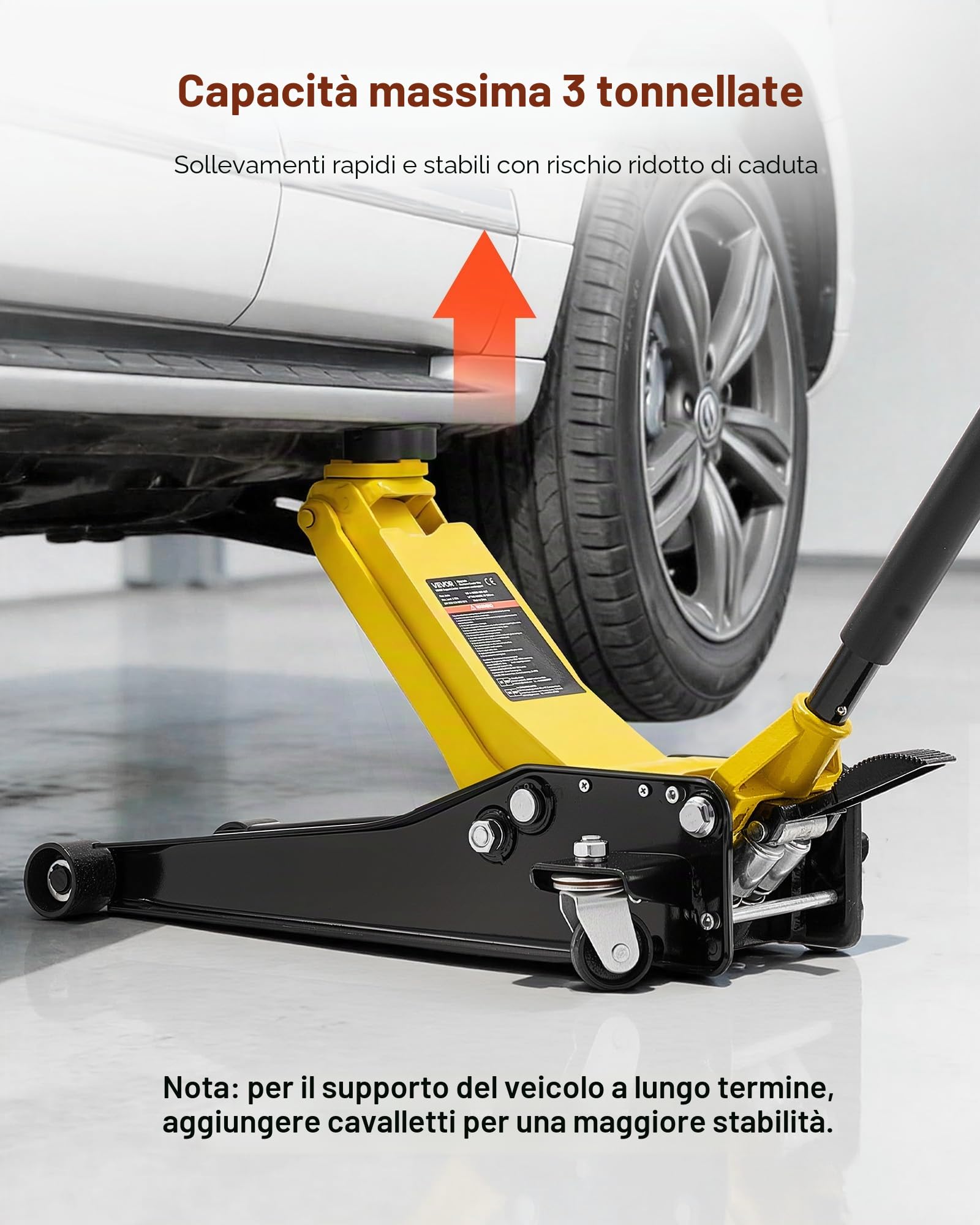 VEVOR Cric Idraulico a Carrello 3 Tonnellate a Basso Profilo, Cric Idraulico da Pavimento in Acciaio, a Doppio Pistone con Adattatore per SUV, Altezza di Sollevamento 75-500 mm, per Berline e Pick-up