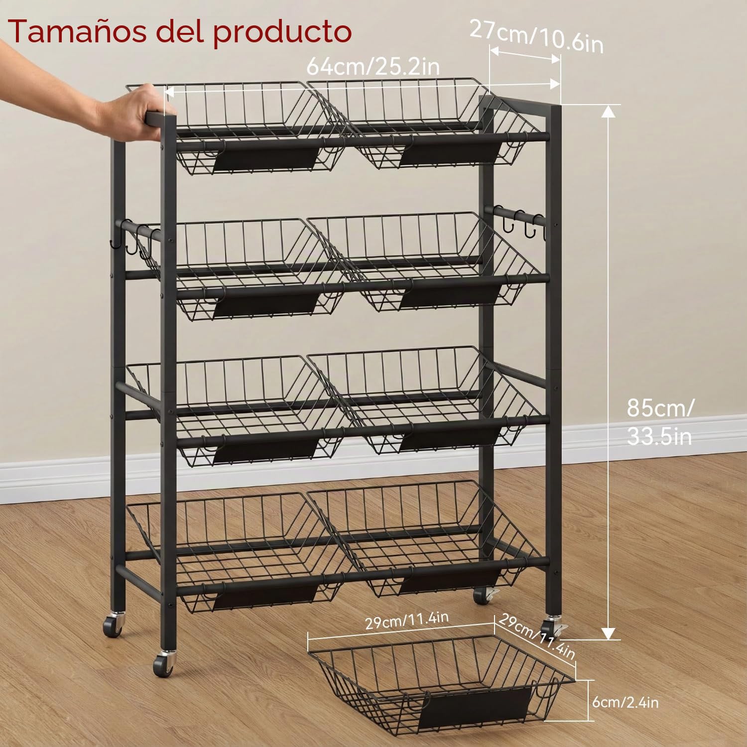 IBUYKE Grande Carrito Cocina Verdulero Frutero,Carro Auxiliar de Metal con 8 Cestas,Carrito Organizador con Ruedas para Vegetales Cebollas Patatas, Negro TLJ025B