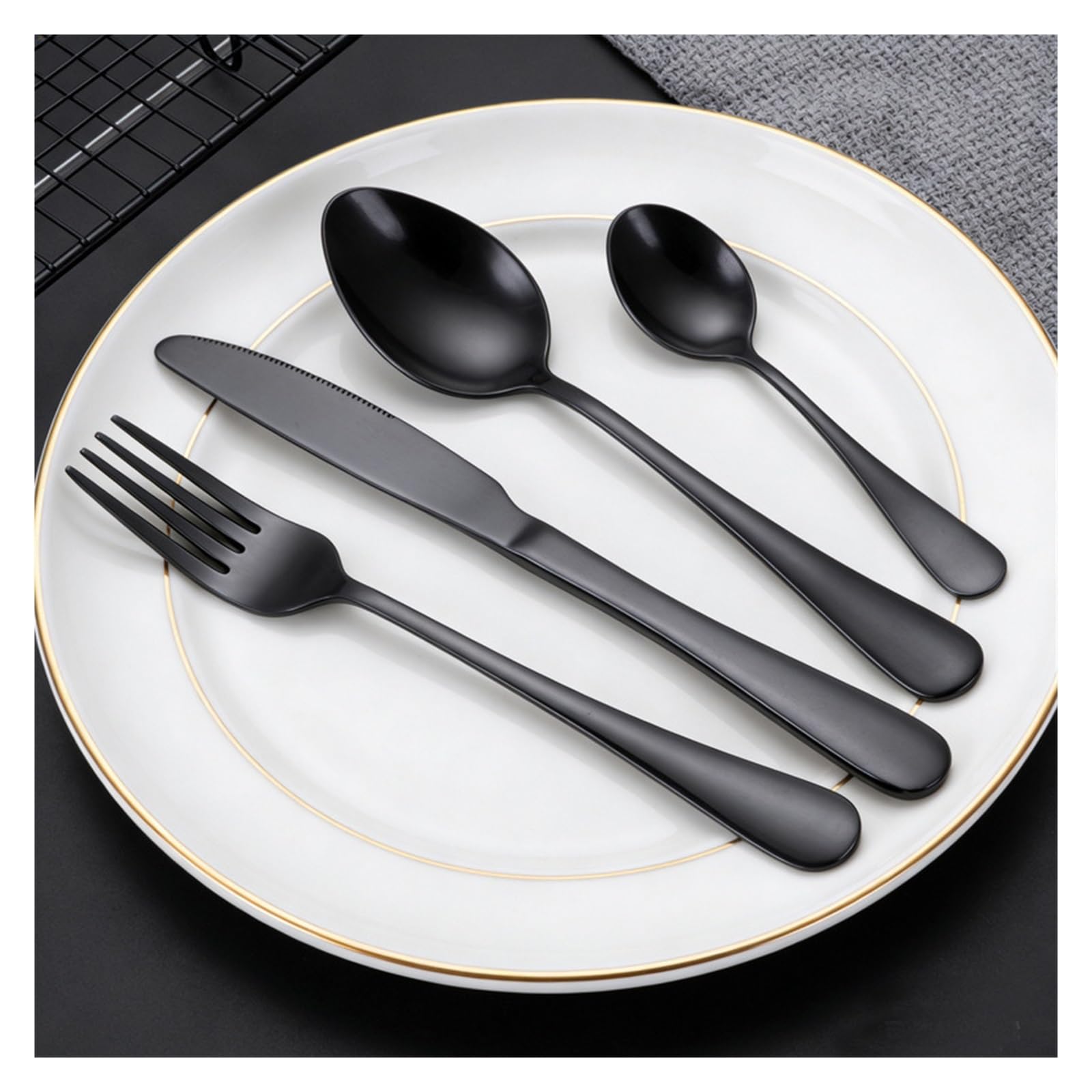 Juego de cubiertos 30 piezas, cuchillos, tenedores, cucharas, utensilios comedor, sartenes fondo plano, cocina navideña, acero inoxidable(Black gift box set)
