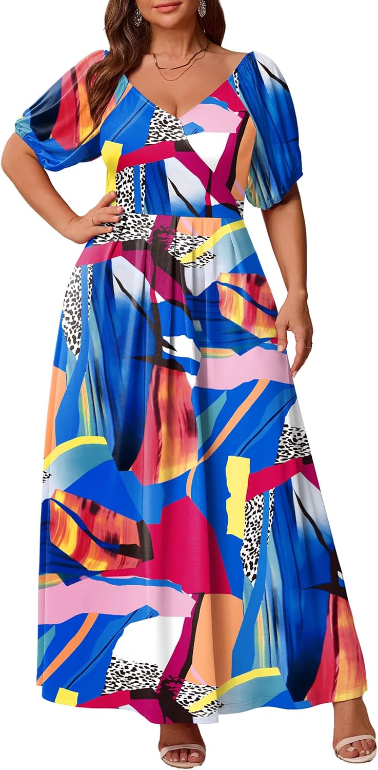 FANDEE Plus Size Maxi Dress for Women Casual V Neck Printed Long Dresses Puff Sleeves Long Beach Dress - Image 2