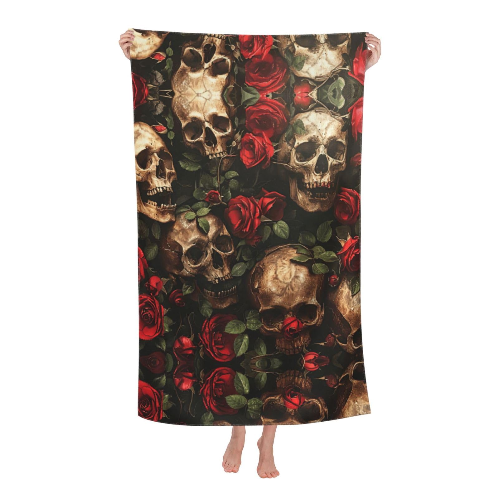 KPXXAQT Skull And Red Rose Print Oversized Adult Beach Towel Quick-Dry Travel Swimming Camping Outdoor Adventures