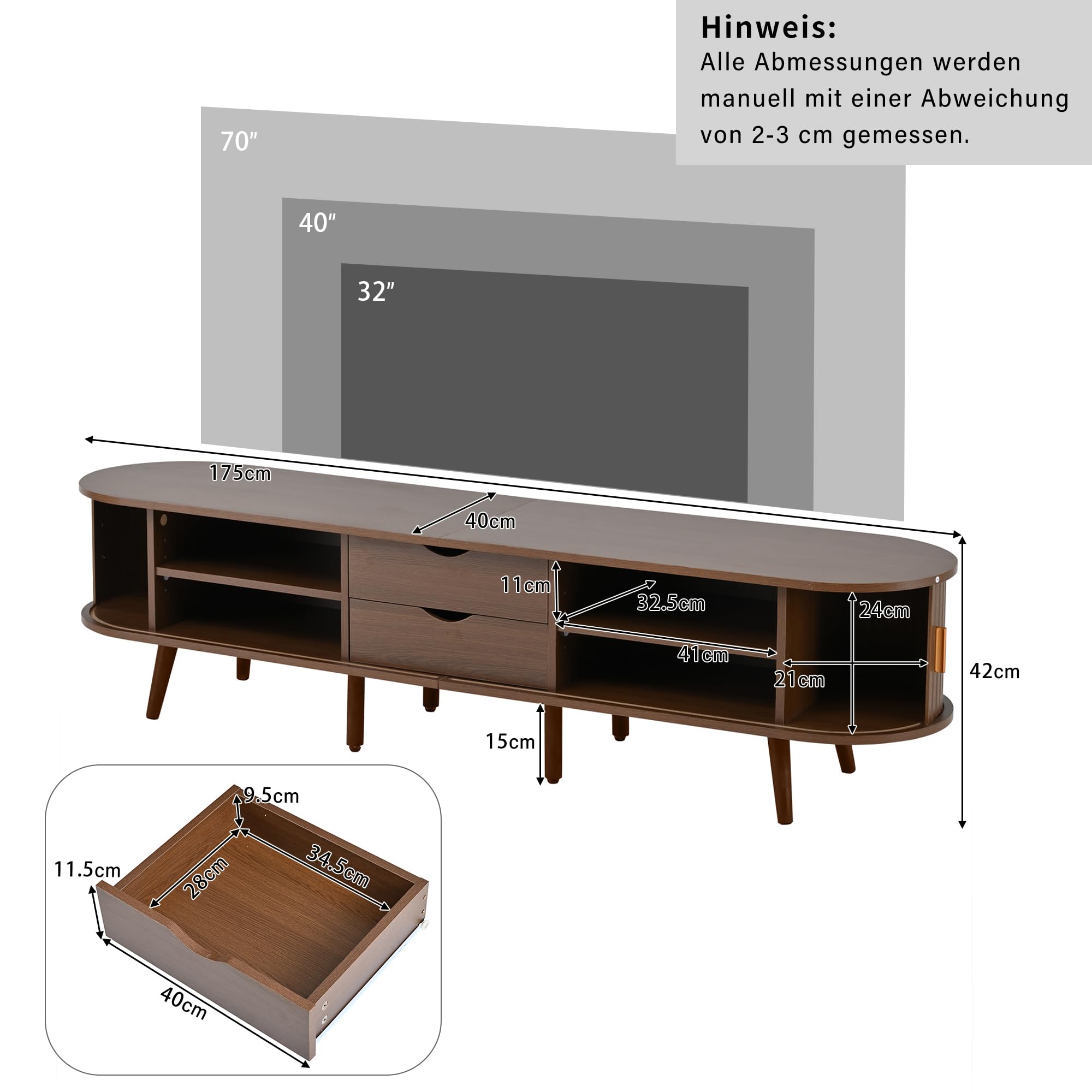 175x40x42cm&100x50x40cm Wohnzimmer-TV-Schrank mit Stauraum + Couchtisch-Kombination, Nussbaum Kombination in Originalholzfarbe, MDF, 2 Set