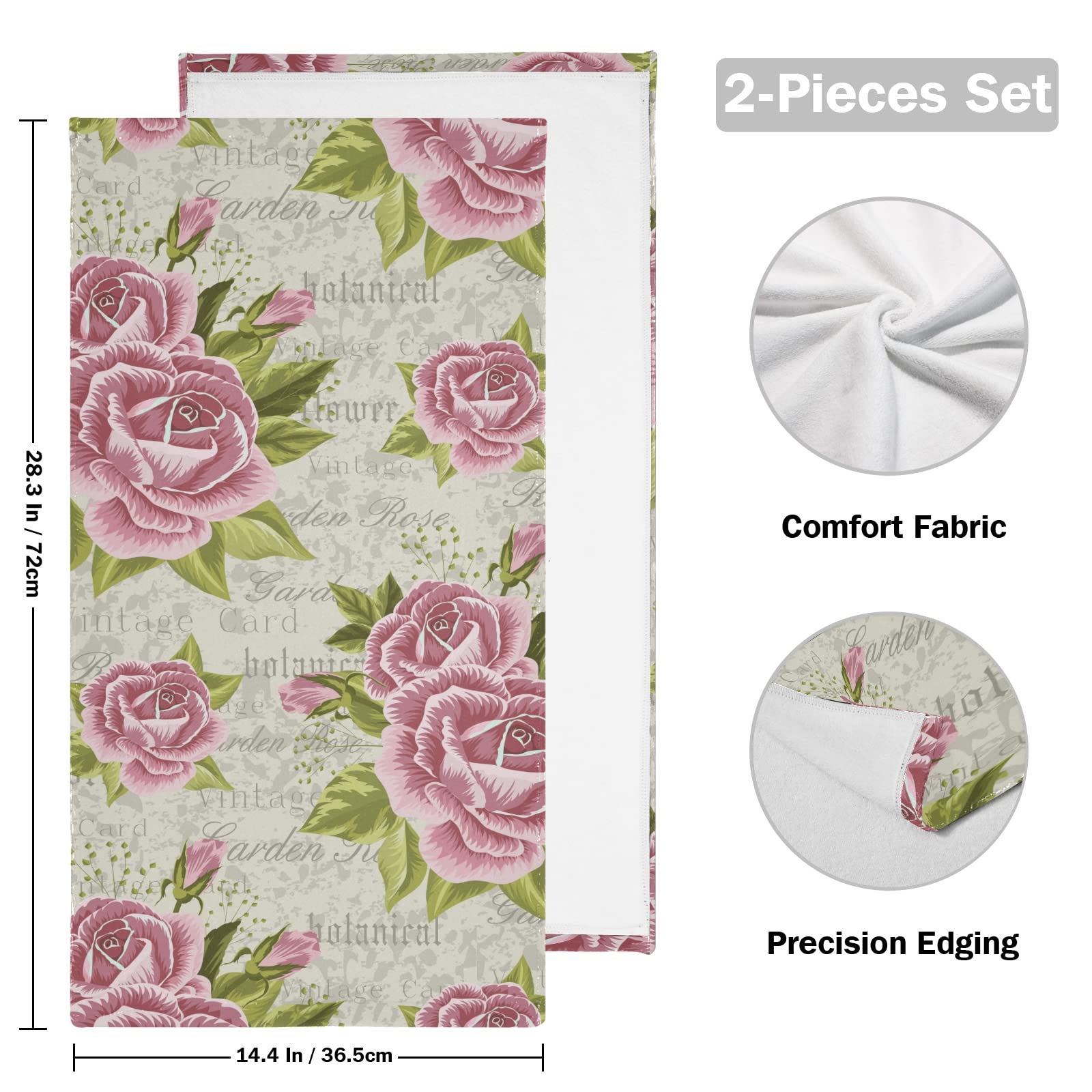 Wamika Vintage Peony Flowers Hand Bath Towel Hanging Towels Set Rose Pink Floral Leaves Kitchen Dish Towel Highly Absorbent 2pcs