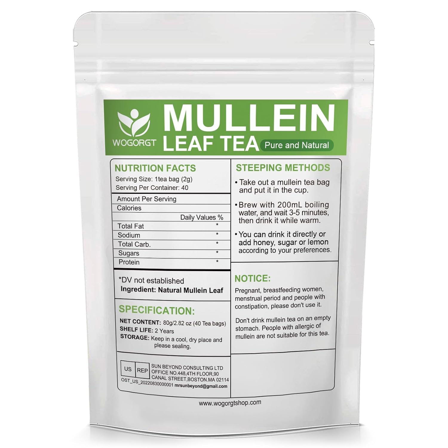 Mullein Tea Bags - Natural Mullein Leaf Tea for Lungs Cleanse and Respiratory Support, Caffeine Free - 40 Tea Bags image 2