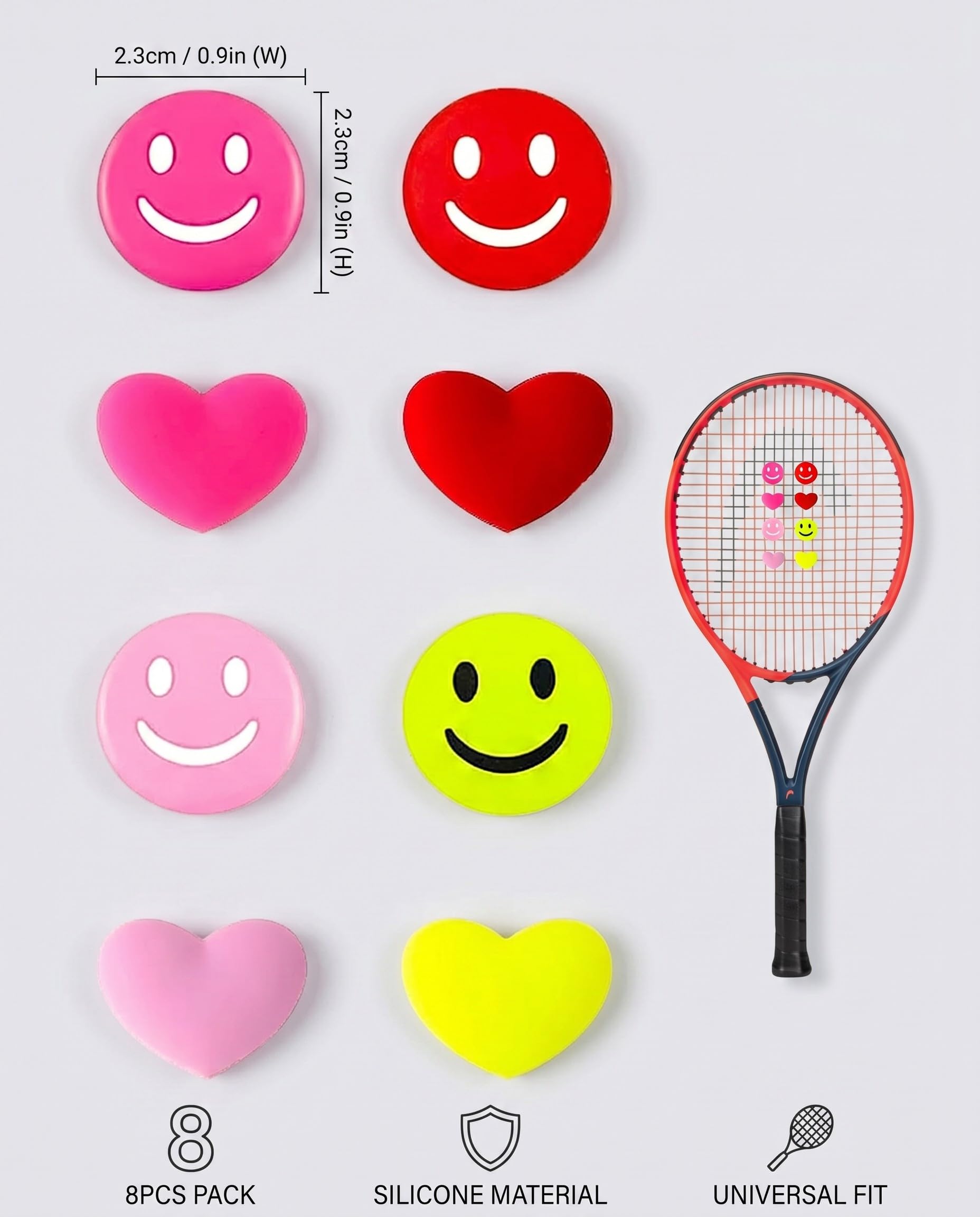 Amortiguador Raqueta Tenis Silicona Carita feliz Corazón 8 Piezas Antivibradores