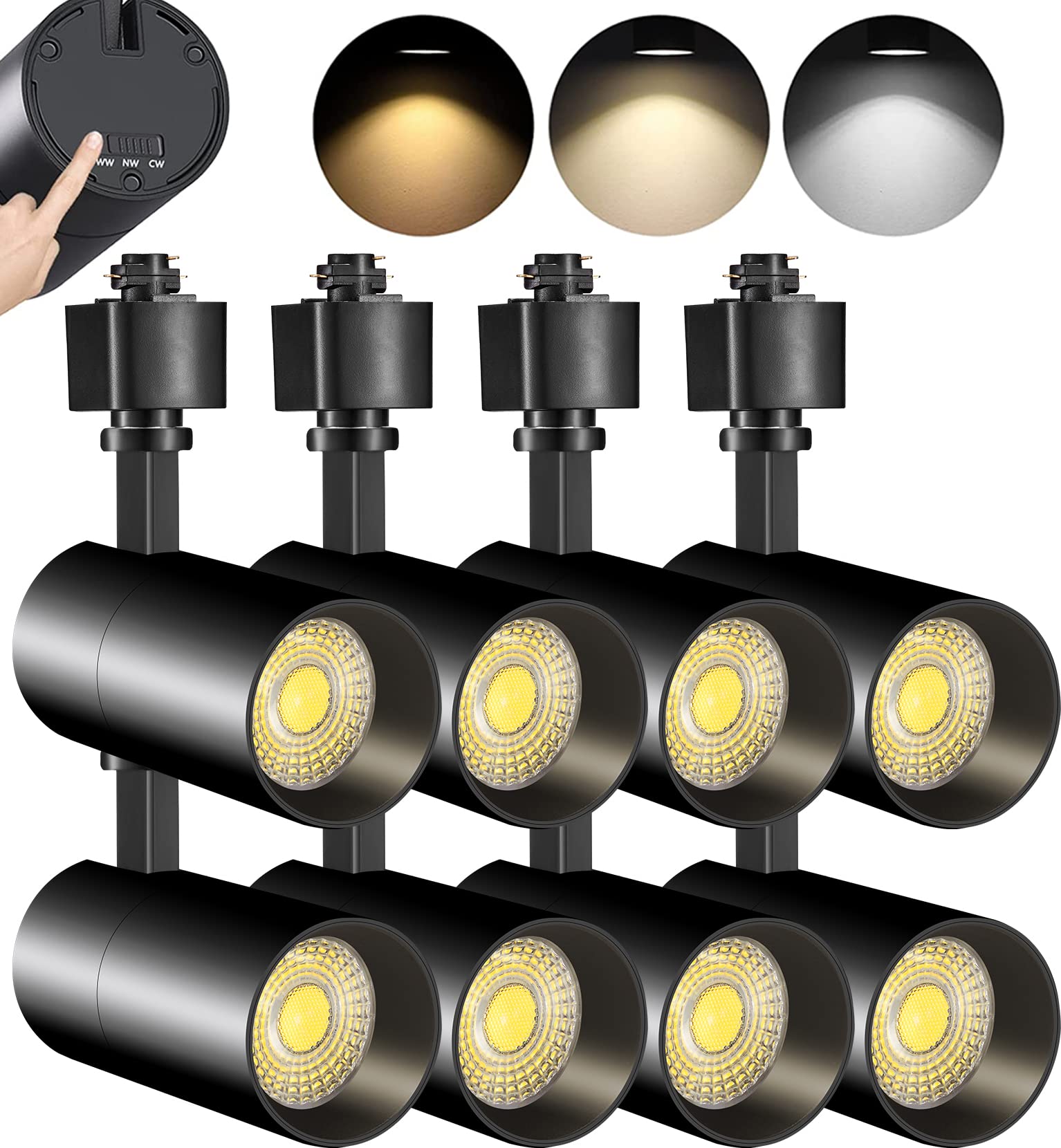 VANoopee 3-Color 10W H Track Lighting Heads Dimmable, Black, Pack of 8