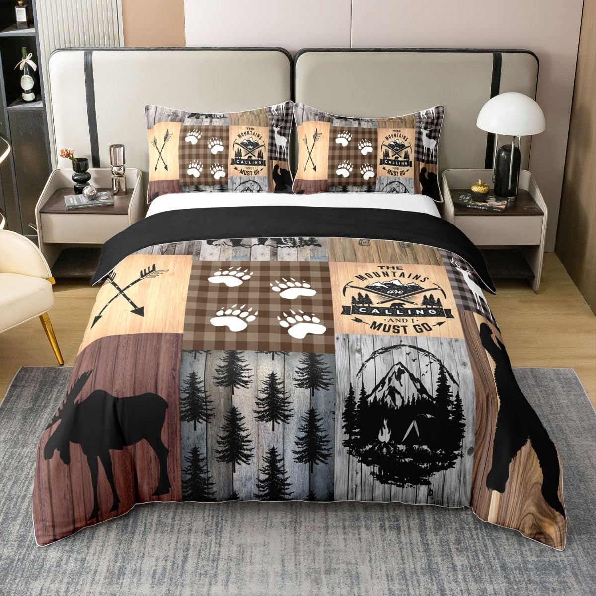 Plaid Deer Bear 100% Cotton Duvet Cover Queen Size, Bear Lodge Patchwork Comforter Cover Camping Hunting Bedding Set for Kids Boys Girls Rustic Cabin Buffalo Bedspread Cover Bed Set with 2 Pillow Case