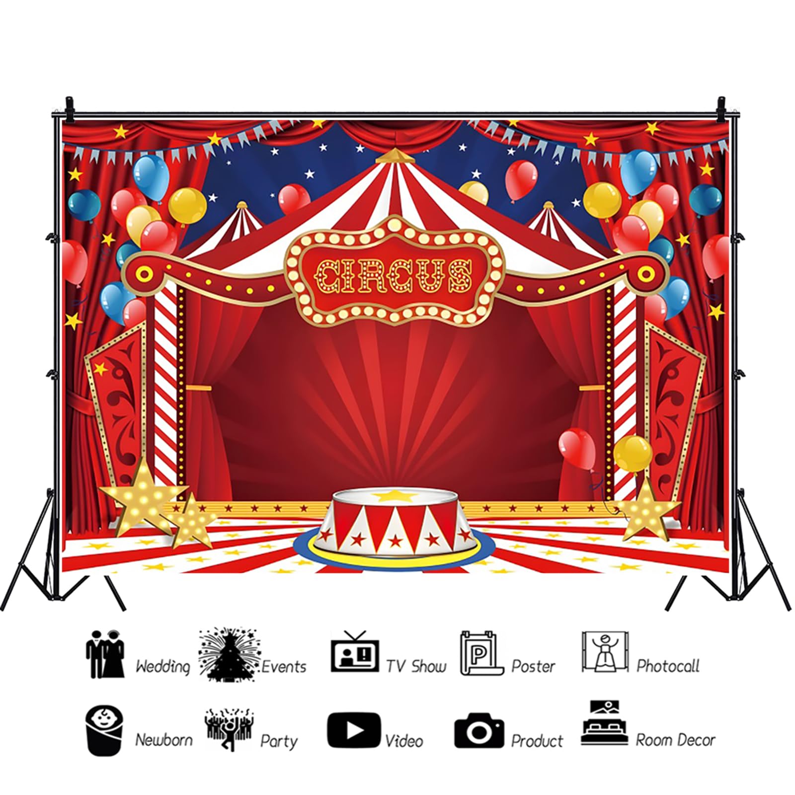 Fondo de circo rojo 3 x 2,5 m, caja fotográfica de vinilo fondo para círculo árbol decoración fiesta de cumpleaños, fondos de estudio fotográfico retratos