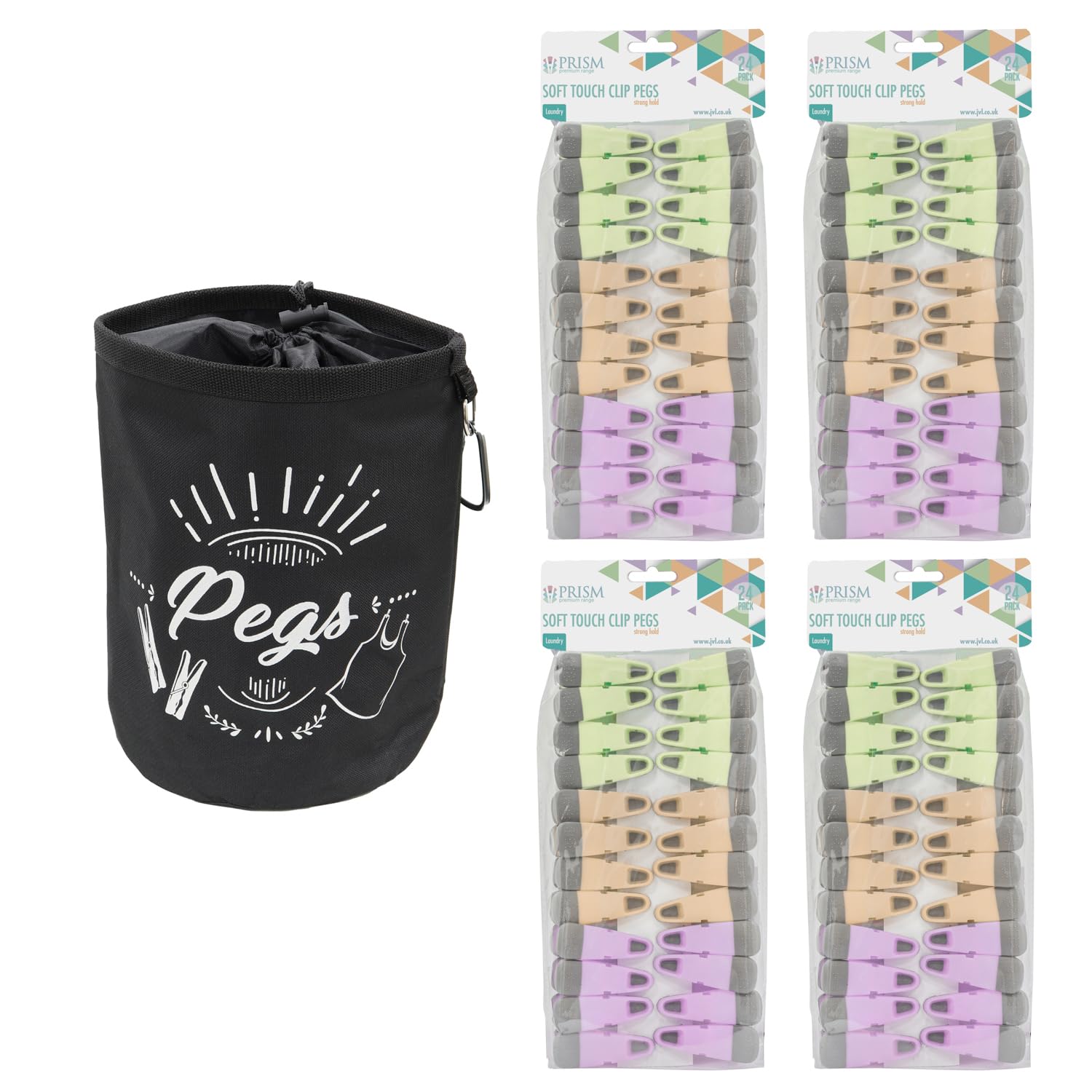 JVL Large Black Peg Bag with 96 Soft Touch Clip Clothes Pegs – Hanging Peg Storage – Assorted Colours