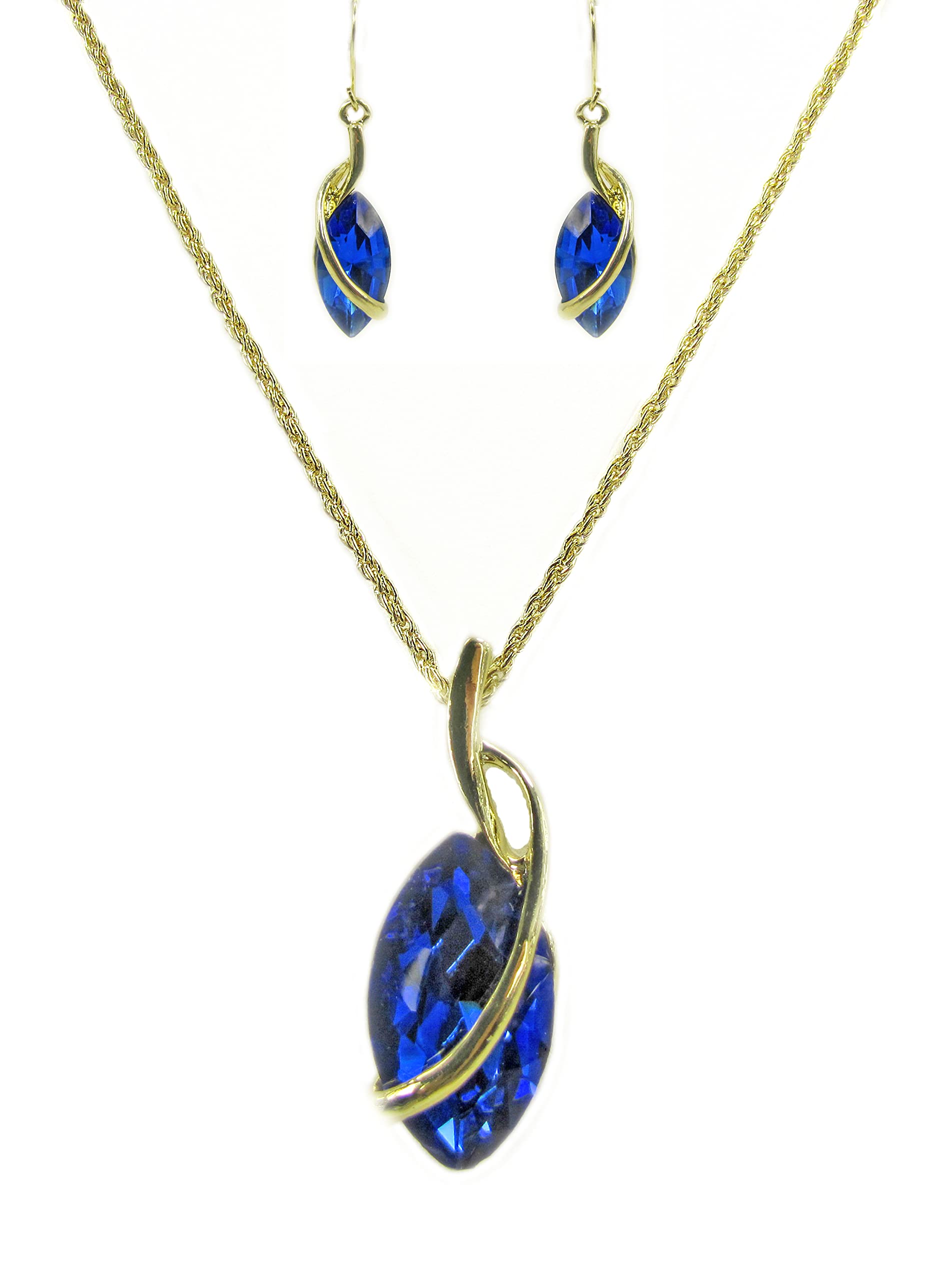 Large Blue Crystal Marquise Pendant Necklace and Earrings Set with Gold Wrap, Women's Elegant and Timeless Blue Crystal Set