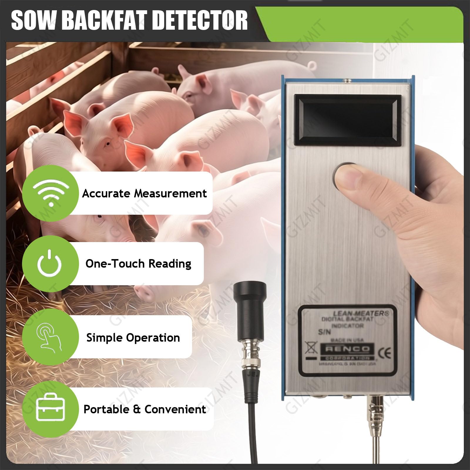 Detector de Grasa Dorsal para cerdas,medidor de Grasa Dorsal porcina,Dispositivo Veterinario de medición de Grasa Dorsal con Tres Luces indicadoras,Rango de medición de 4 a 45mm,para Granjas