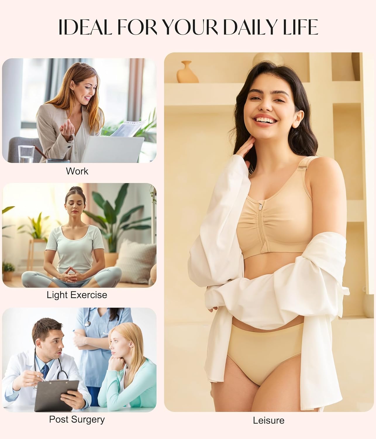 CYDREAM Zip Front Bra for Women Wireless Full Coverage Comfort Everyday Post Surgery Compression Bras Adjustable Straps - Image 5