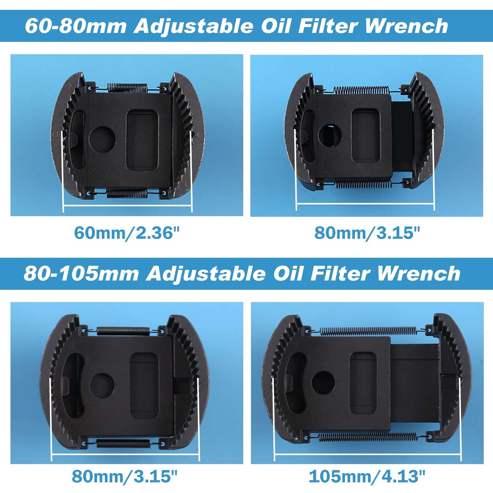 LEONTOOL Lot de 2 clés réglables pour filtre à huile – 2 mâchoires 60–80 mm et 80–105 mm, outil de démontage robuste, douille universelle, entraînement 1/2"