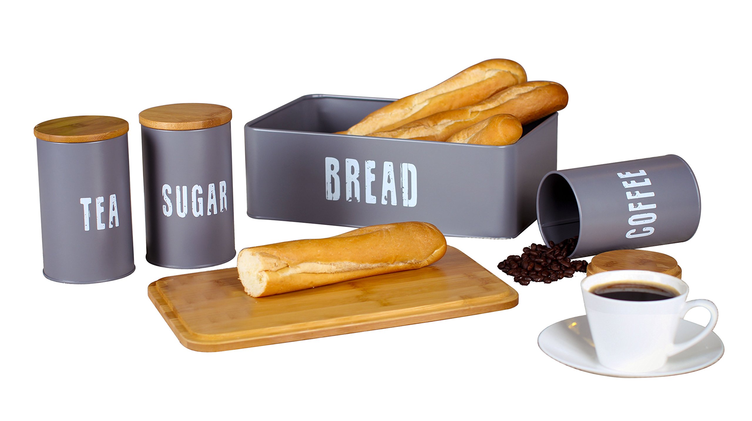 Retro Bread Bin Plus Canister Combo with Bamboo Lid, Steel, Matt Grey, 33.5 x 21.5 x 12 cm