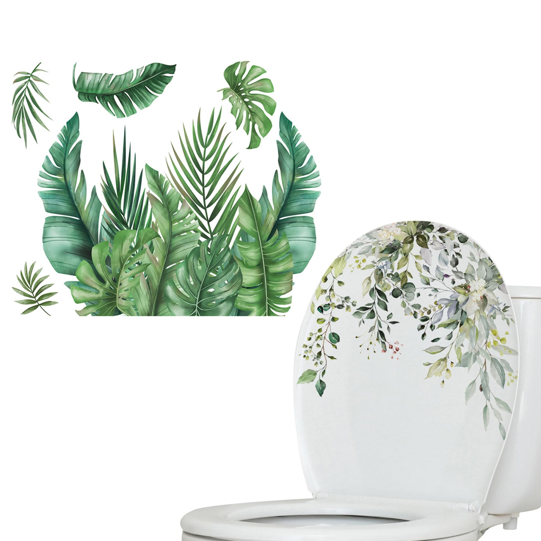 2 Autocollants Pour Couvercle De Toilette - Motif Feuilles Et Fleurs - Imperméables Et Amovibles - Déco Salle De Bain DIY - 3