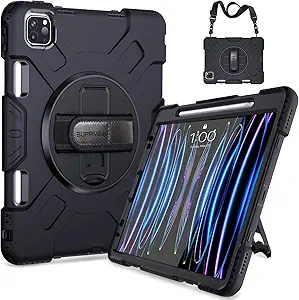SUPFIVES iPad Pro 11 inch Case (2022/2021/2020), Upgraded Military Grade Shockproof Protector Silicone iPad Pro 11 4th Gen Cover Pencil Holder+ Handle+ Shoulder Strap+ Rotating Kickstand, Black