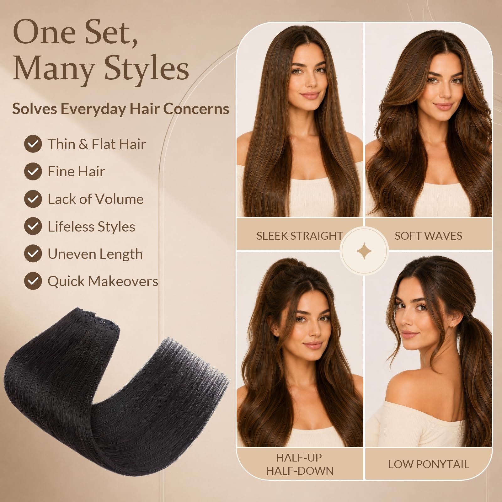 Rich Choices Clip in Extensions Echthaar 3pcs Clip in Haarextension Haarteil Haarverlängerung Echthaar Extensions Clip Remy Human Hair 55cm 86g #1B Natürliches Schwarz Extensions