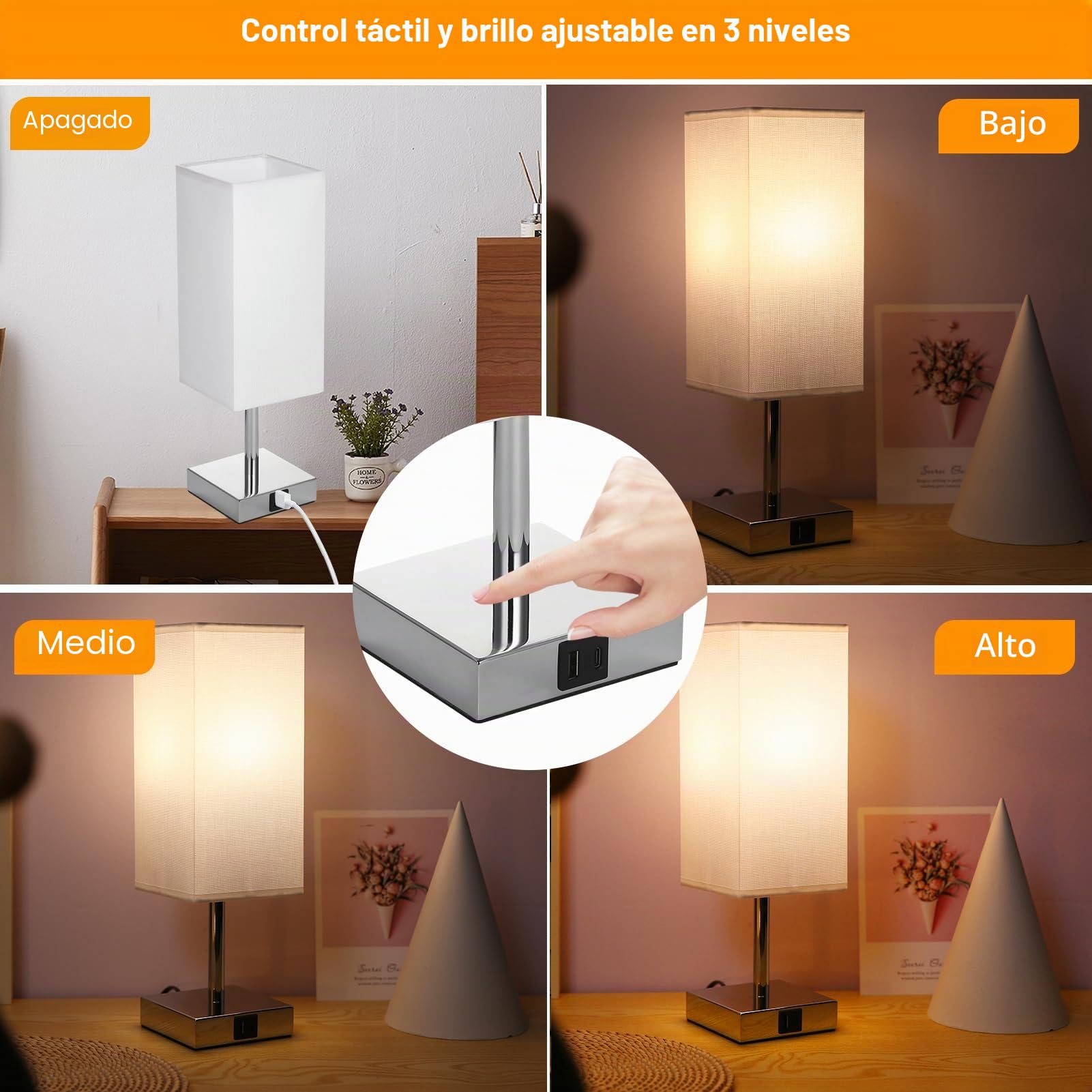 Jemora 2 Paquetes de lámpara de mesita de Noche de Tela con Bombilla LED Blanca cálida, luz de Escritorio, Control táctil, Puertos de Carga USB A Tipo C, 3 Niveles Regulables para Sala de Estar,
