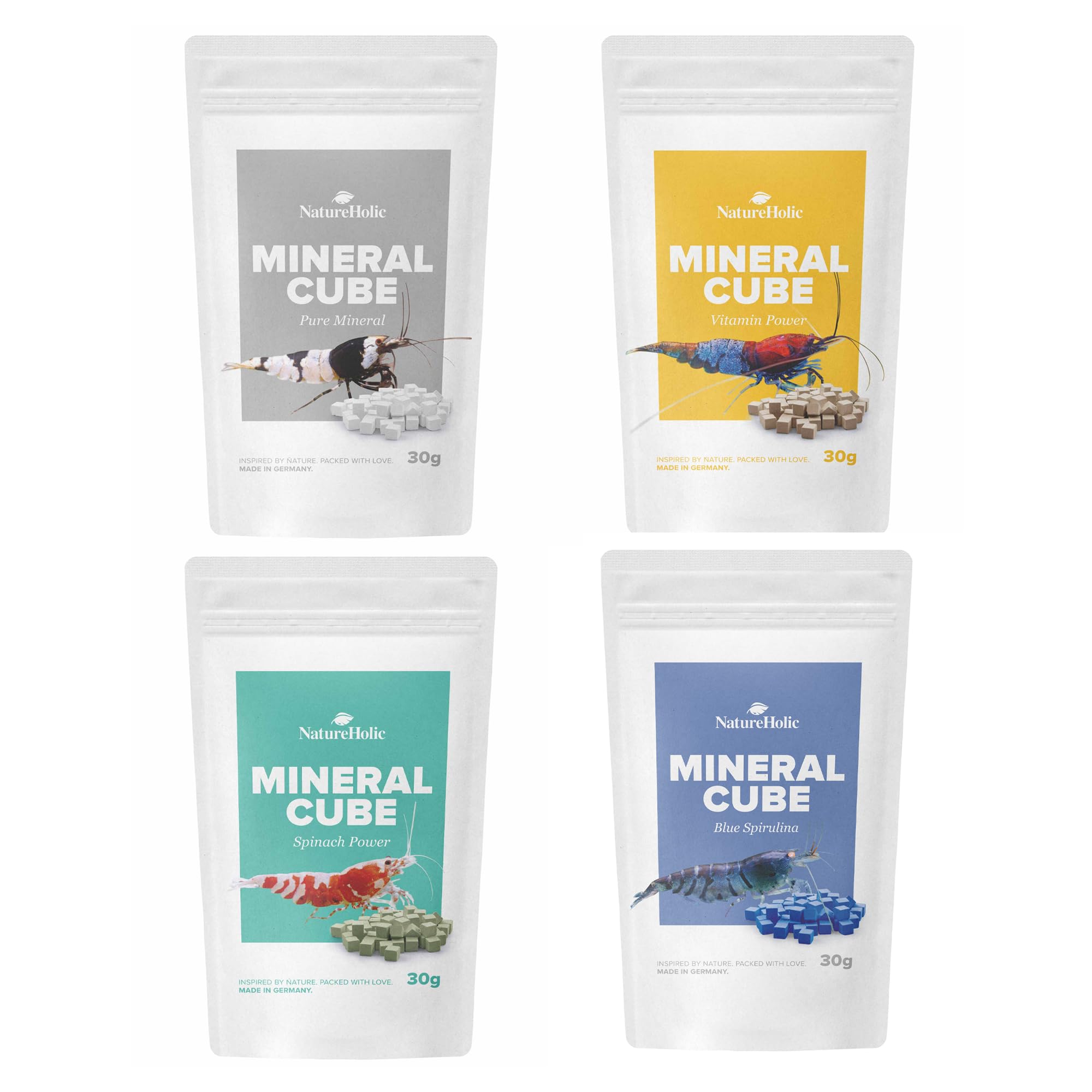 NatureHolic MineralCube - Confezione da 4 pezzi | Pure Mineral, Vitamine Power, Spinach Power & Blue Spirulina | Mangime minerale e permanente per gamberetti, lumache, granchi, granchi