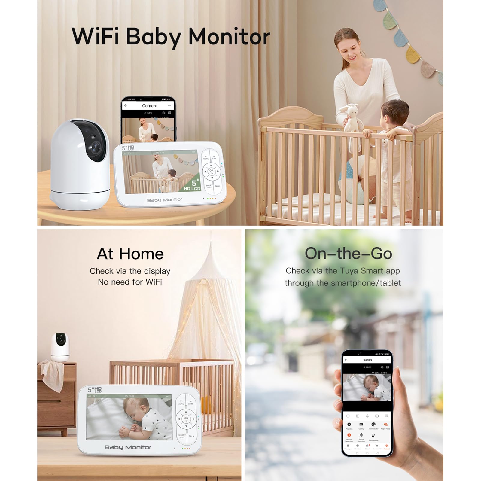 Baby Monitor con Fotocamera e Audio, Display 5", WiFi, Visione Notturna, Zoom 4x, Allarme Temperatura Ricaricabile, Orologio Pappa, Audio Bidirezionale, Portata 300 M per Genitori, (Spina