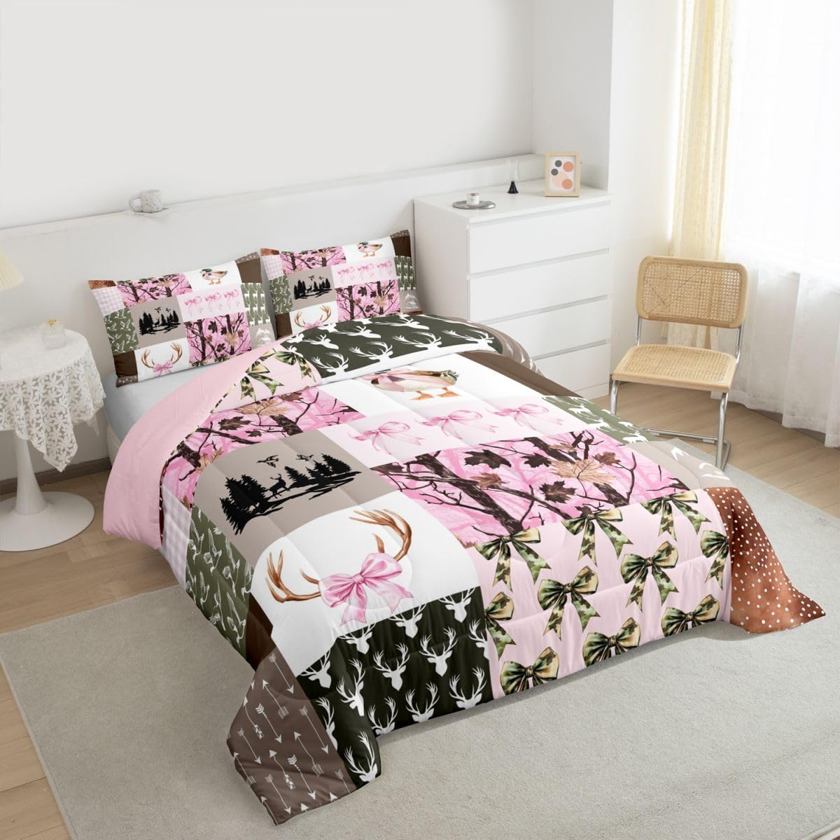 Feelyou Hunting Pink Girls Bedding Set Full Size,Mallard Duck Pink Bow Comforter Set for Kids Teens Room Camo Decor Farmhouse Rustic Bed Set