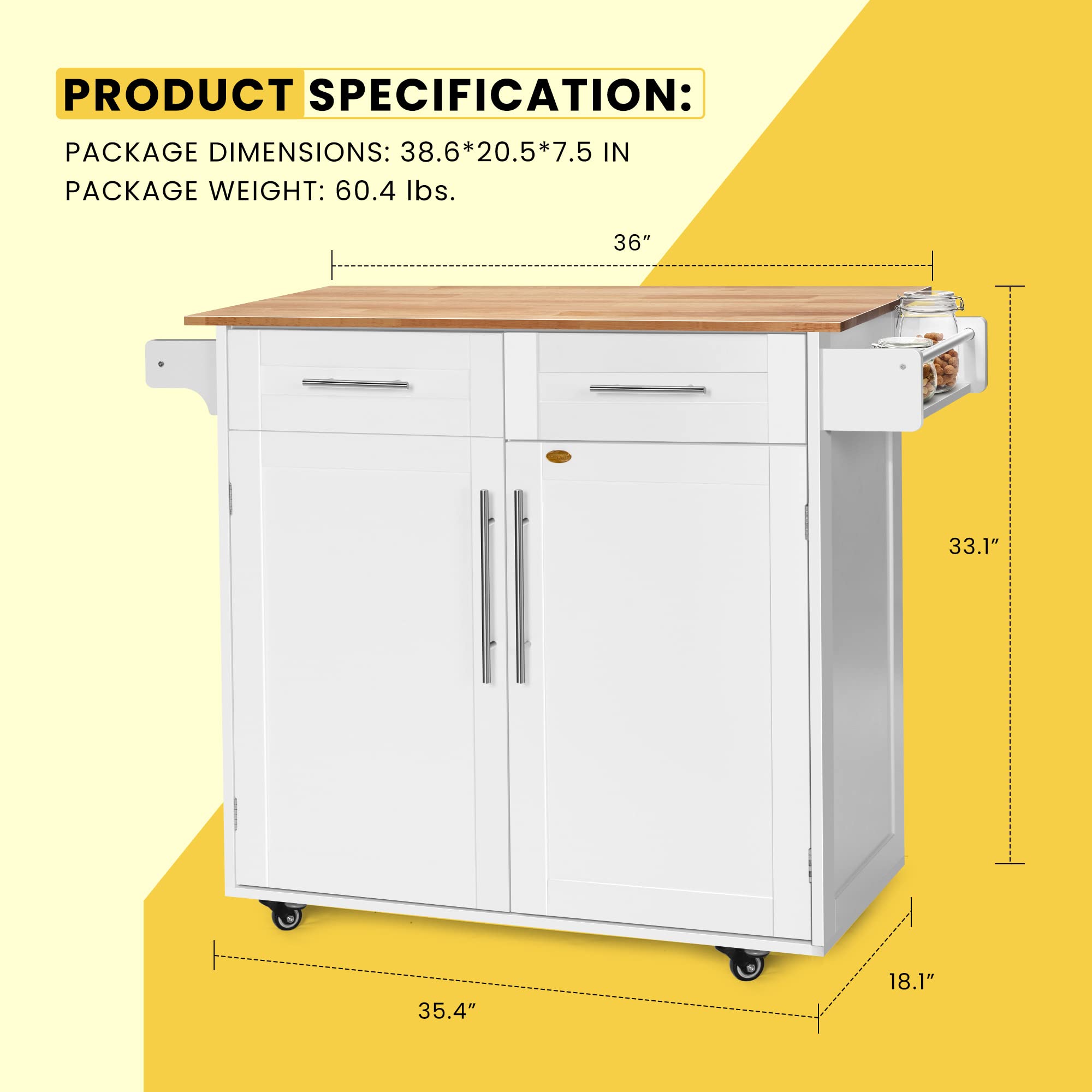 VIVOHOME Kitchen Island Cart on Wheels, Rolling Island Table with Storage, Towel Rack, Spice Rack for Dining Rooms, White Product Image 6