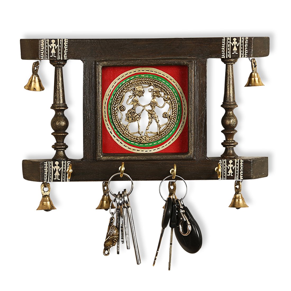 ExclusiveLane 'Brass People On Teak Wood' Warli Handpainted Wooden Key Holder for Home Décor Stylish (4 Hooks, Dhokra Art)| Key Hangers for Wall Key Holder Stand Key Stand for Wall Key Chain Holder 1