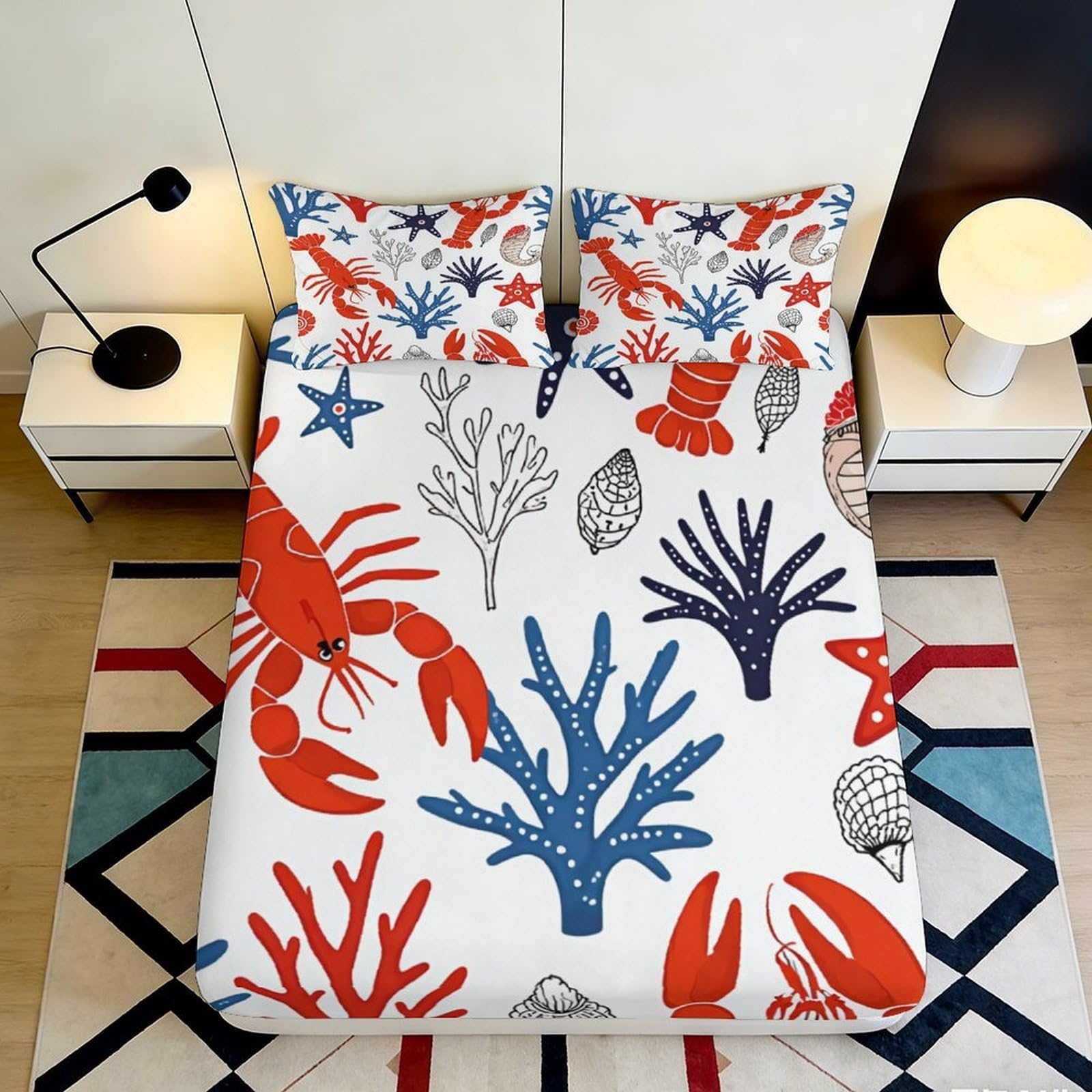 3D Printed Lobster Coral Fitted Sheet Microfiber Mattress Cover Shell Starfish Waterproof for Bedroom Dorm Room Decor 140x200x25cm