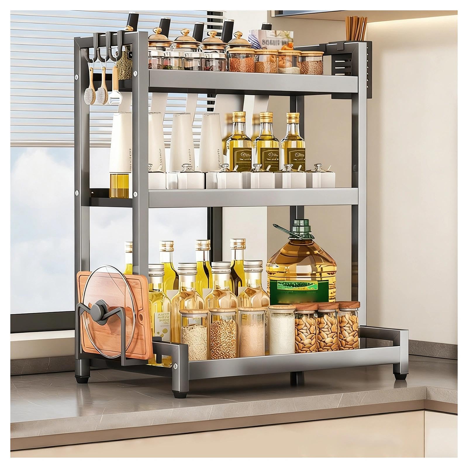 TIANQIHAO Stainless Steel Countertop Spice Rack Nizer, 2-Tier Metal Table Rack With Hooks And Knife Holder, Standing Large Nizer For Sugar, Salt, Pepper And Oil Bottles,Grey-3 Tier-15.7in