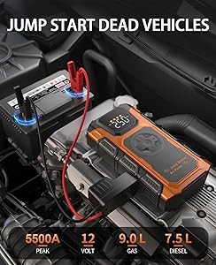 Jump Starter with Air Compressor, 5500A Car Battery Charger Power Jump Box Start 12V Vehicles(Up to 9.0L Gas&7.5L Diesel Engines) Portable Car Booster Jumper Pack Combo150 PSI Tire Inflator