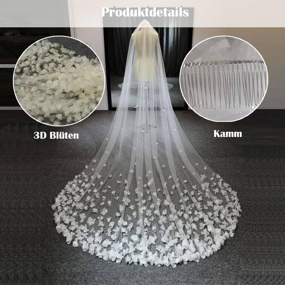 Dodatki dla druhen, Długi welon katedralny dla nowożeńców z kwiatami 3D, tiulowym grzebieniem, białym i kością słoniową, 300-400 cm