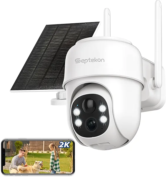 Septekon 360°PTZ Security Cameras Wireless Outdoor, Solar Battery Powered Cameras for Home Surveillance, 2K 2.4G WiFi Camera with Spotlight, Motion Detection, Siren, Color Night Vision, IP66
