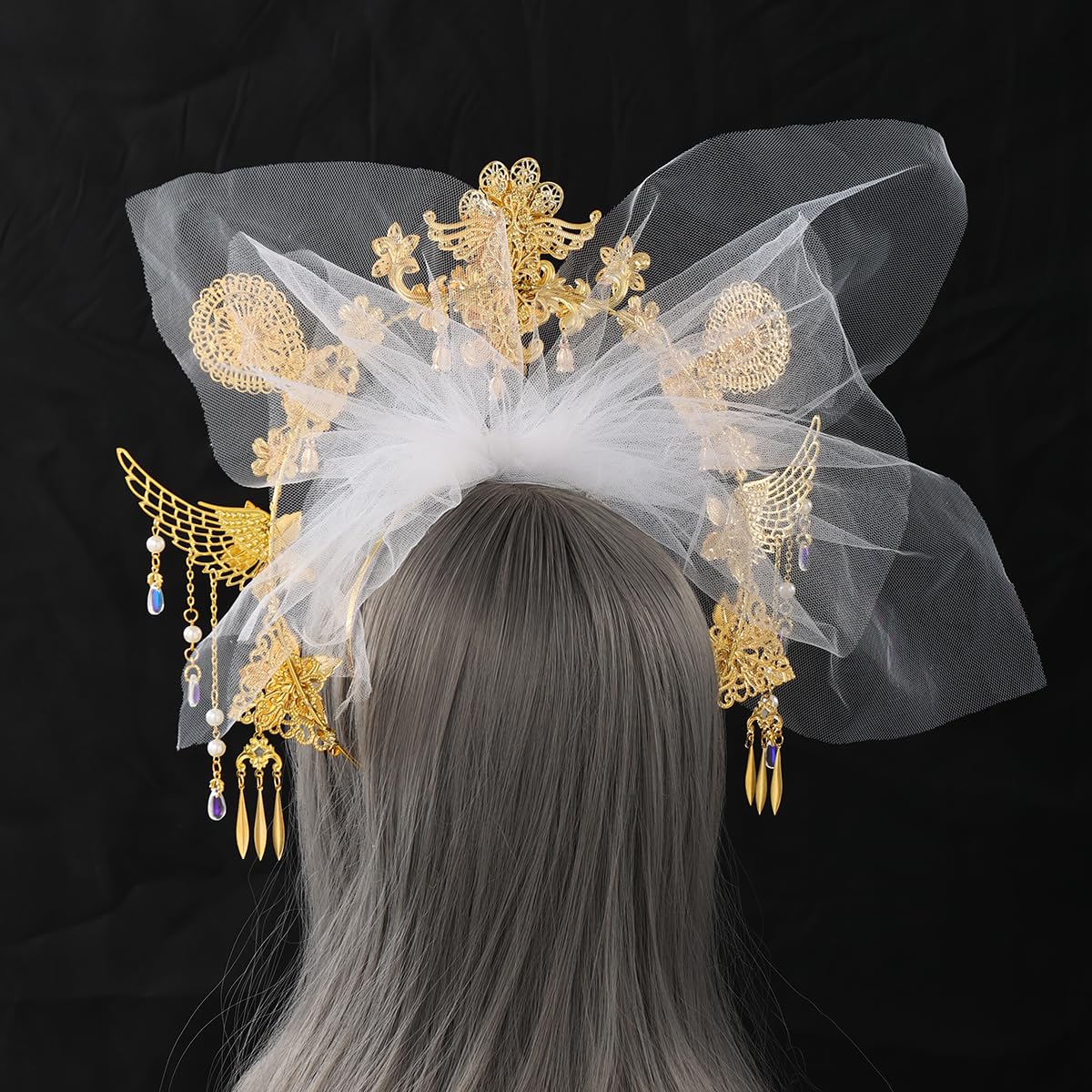COSDREAMER Virgin halo headpiece crown Silver pearl Women's Masquerade Crown Sunburst Halo Crown Headband Women's Headband Party Costume Accessories (White) - Image 4
