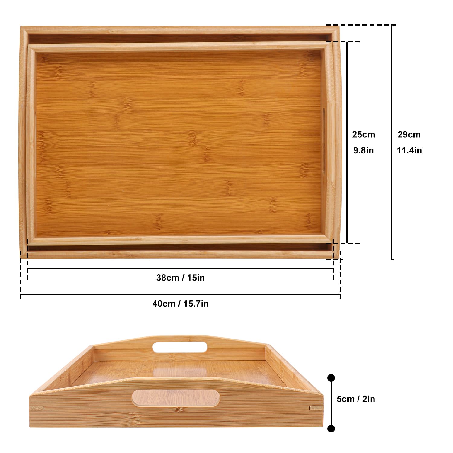 2 bandejas de bambú para servir, bandeja de cama de desayuno anidada de 2 tamaños con asa, bandeja de madera para servir, bandejas de cama de desayuno para comer, decoración, mostrar pasteles