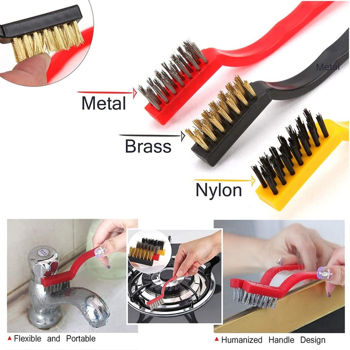 BLAGO 3 Pc Mini Wire Brush Set Brass, Nylon, Stainless Steel Bristles - Multi Utility | Wire Brush for Cleaning | Wire Brush for Removing Rust | Wire Brush Cup | Wire Brush Brass | Wire Brush Set | 3