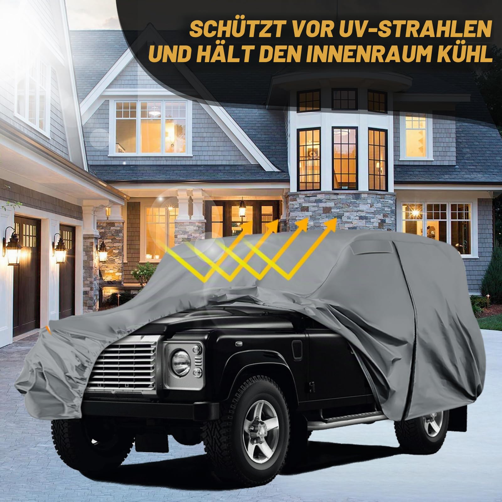 Autoabdeckung Wasserdicht für Land Rover Defender 110 1990-2016 | Grau Vollgarage Autoplane Auto Abdeckplane Winter Sommer Allwetter Outdoor Abdeckung mit Reißverschluss Tür, Windschutzbänder