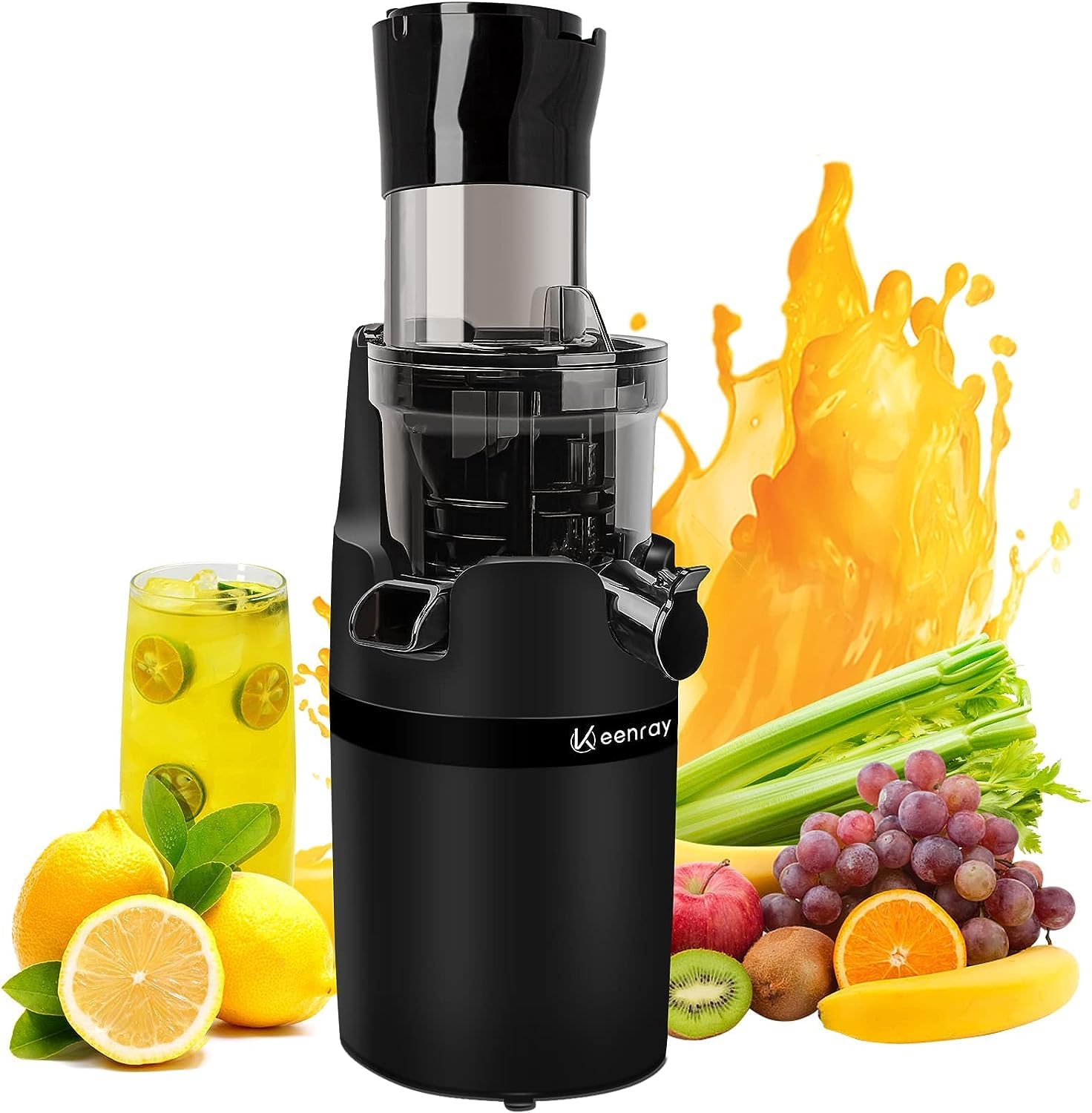 KeenrayJuicer Machine, Masticating Slow Juicer for Whole Fruits, Cold Press Juicer with Wide Mouth 80mm Feeding Chute, Reverse Function Quiet Motor Fresh Healthy Juice Extractor (Black)