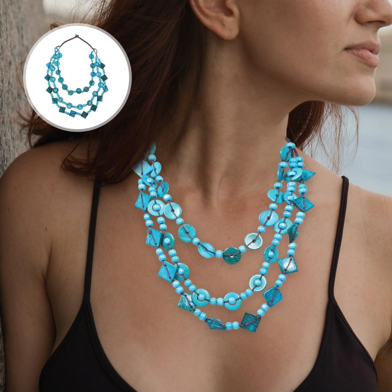 Chunky Necklace Bohemian Shell Necklace Wood Bead Statement Collar Chunky Layered Handmade Beaded Long for Women (Blue, Random) - Image 7