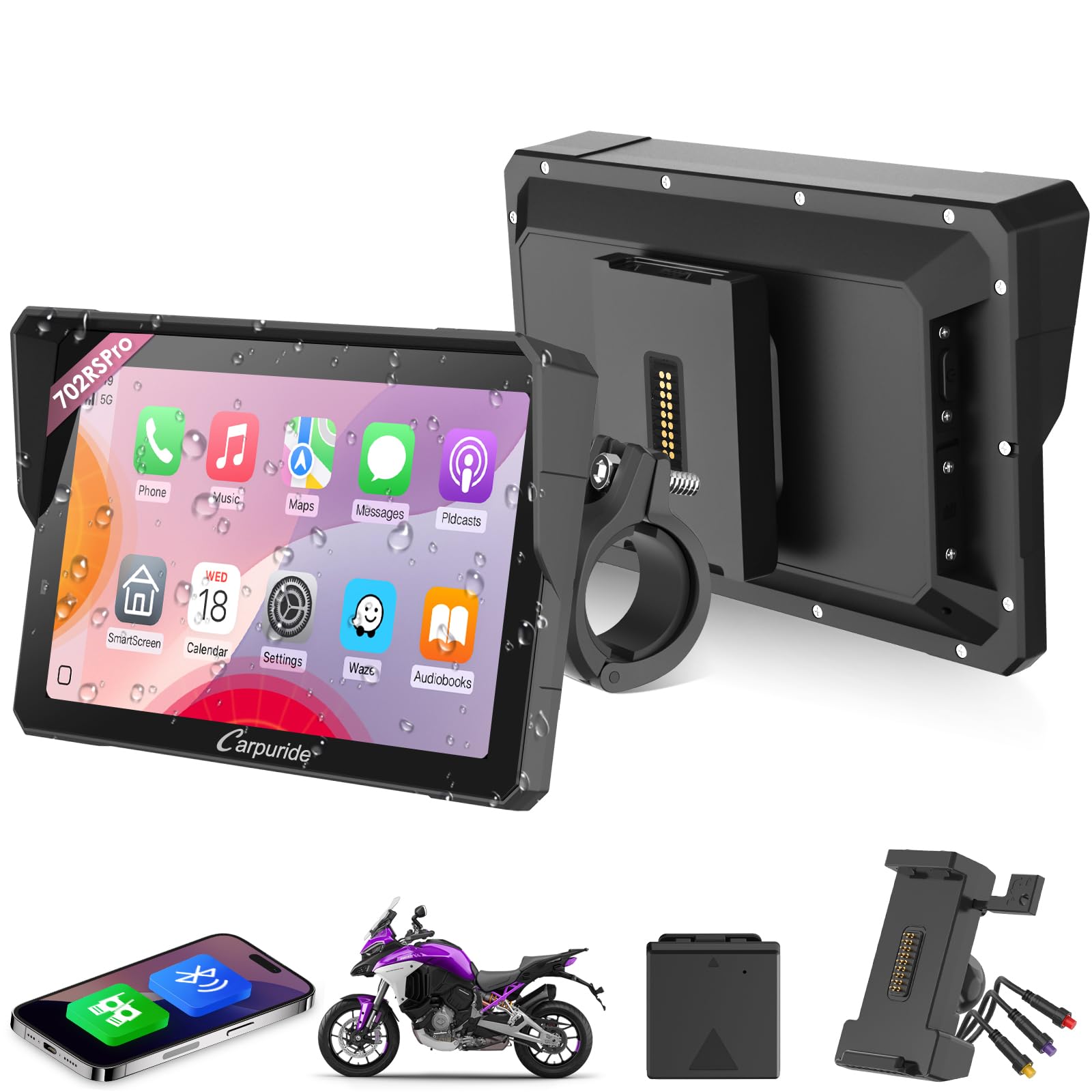 CARPURIDE W702RS Pro Moto Carplay Schermo con Radar BSD e BM05 Mount, Wireless CarPlay & Android Auto, 7 pollici Impermeabile Touchscreen, Funzione Interfono, Dual Bluetooth, Wired Controller, Navi.